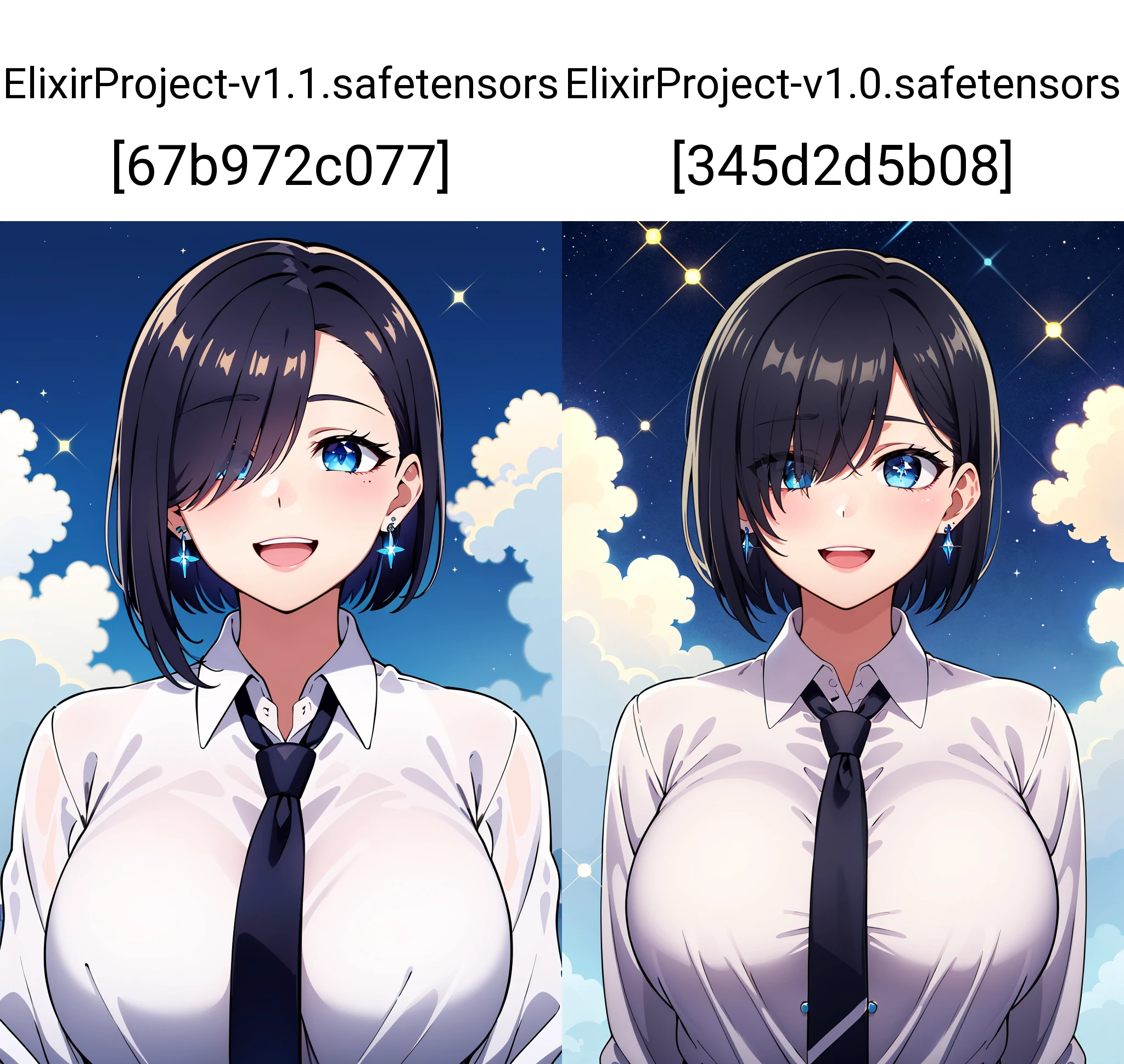 (masterpiece), best quality, expressive eyes, perfect face, solo,
short hair, hair over one eye, blue eyes, black hair, large breasts, white shirt, collared shirt, necktie, button gap, smile, open mouth, earrings,
portrait, night, sky, cloud, sparkle,