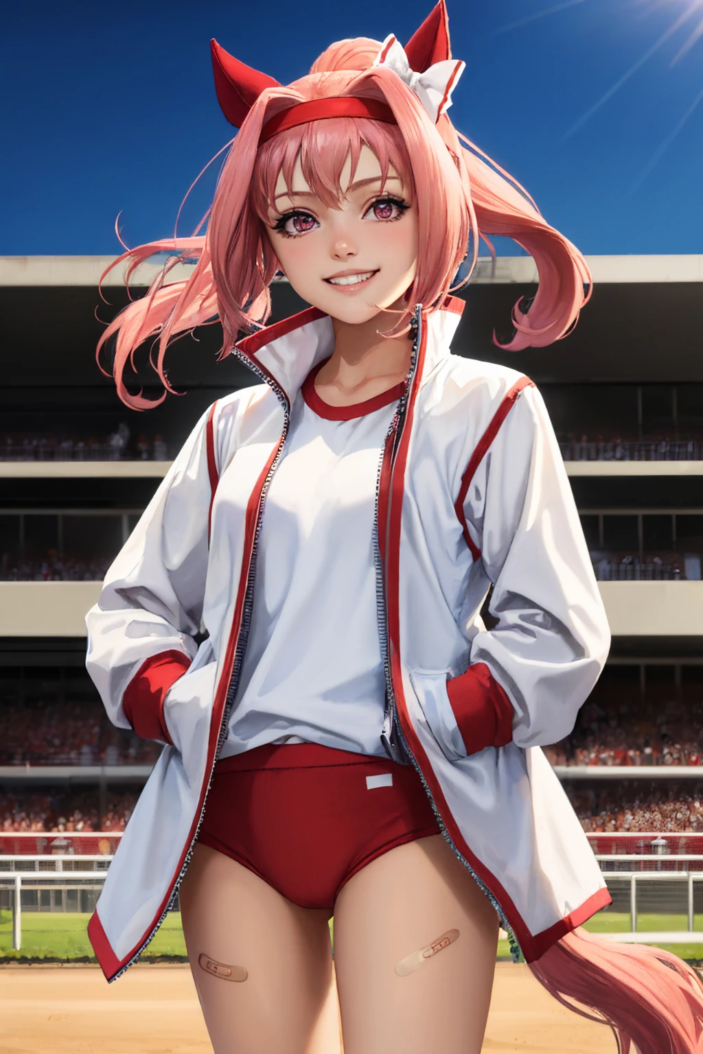 (masterpiece, best quality:1.2), solo, 1girl, haru urara, grin, looking at viewer, hands in pockets, ponytail, hair bow, headband, horse ears, symbol in eye, flower-shaped pupils, gym uniform, white jacket, shirt, red buruma, bandaid on leg, horse tail, racetrack <lora:umamusume_haruurara-10:1>