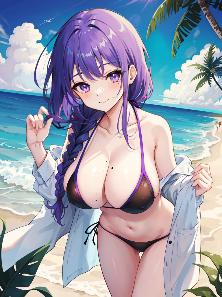 anime girls at beach | bikini anime anime girl with big tits, outdoors, breasts, raiden shogun, 1girl, day, swimsuit, bikini, long hair, side-tie bikini bottom, beach, purple eyes, braid, navel, looking at viewer, leaning forward, sky, purple hair, shirt, smile, large breasts, cleavage, mole, cloud, solo, mole under eye, tree, black bikini, palm tree, white shirt, cowboy shot, blue sky, collarbone, stomach, very long hair, closed mouth, ocean, open clothes, braided ponytail, open shirt