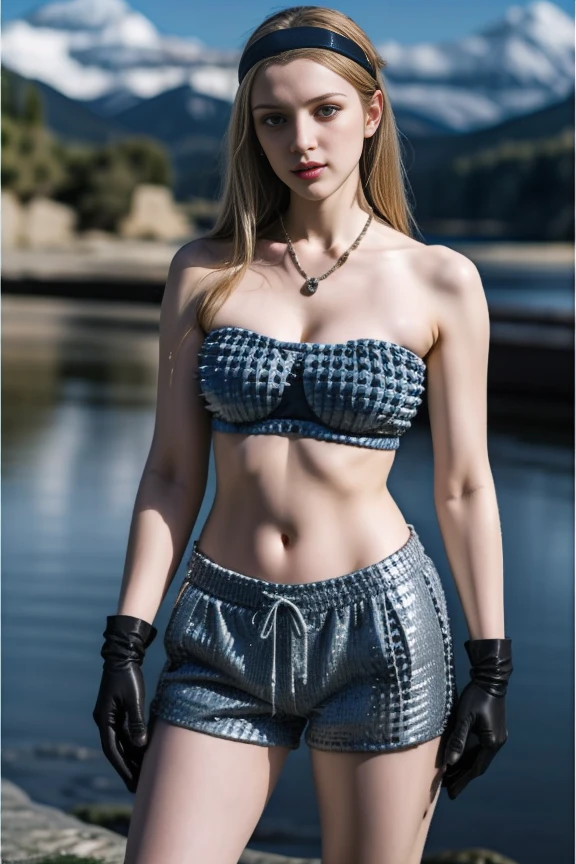 1woman, long hair, realistic, masterpiece, high detailed skin, looking at viewer, scenic view, solo, full body shot
<lora:Chainmail_Bandeau_Shorts_BY_Stable_Yogi:1.2> blue chainmail spikes pattern, bandeau, shorts, gloves, hairband
