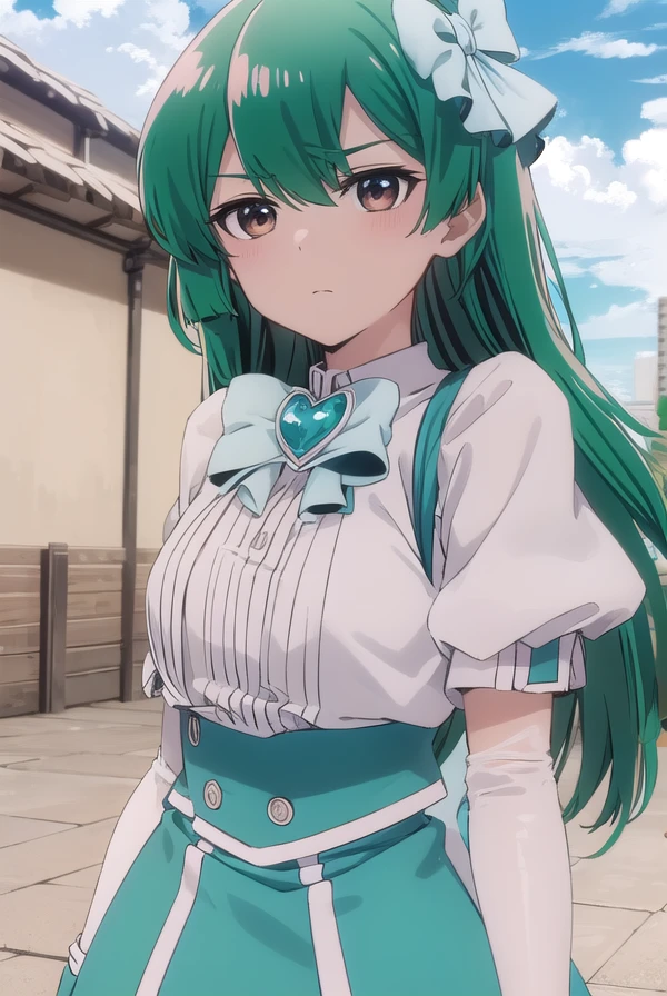 sayominakami, <lora:sayo minakami-lora-nochekaiser:1>,
sayo minakami, long hair, (brown eyes:1.5), bow, hair bow, (green hair:1.5),
BREAK skirt, gloves, boots, elbow gloves, magical girl, blue gloves,
BREAK outdoors, city, sky, sun, clouds,
BREAK looking at viewer, (cowboy shot:1.5),
BREAK <lyco:GoodHands-beta2:1>, (masterpiece:1.2), best quality, high resolution, unity 8k wallpaper, (illustration:0.8), (beautiful detailed eyes:1.6), extremely detailed face, perfect lighting, extremely detailed CG, (perfect hands, perfect anatomy),