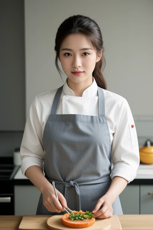 1girl,(chef:1.2),chef's uniform with apron,tied-back hair for practicality,determined and confident expression,(holding a cooking utensil:1.3),well-equipped kitchen background,stainless steel appliances,hanging pots and pans,neatly arranged ingredients,warm and inviting lighting,(preparing a dish:1.2),close-up shot,hand,showcasing culinary expertise,nice hands,perfect hands,18k,Best quality,realistic style.,.1..,