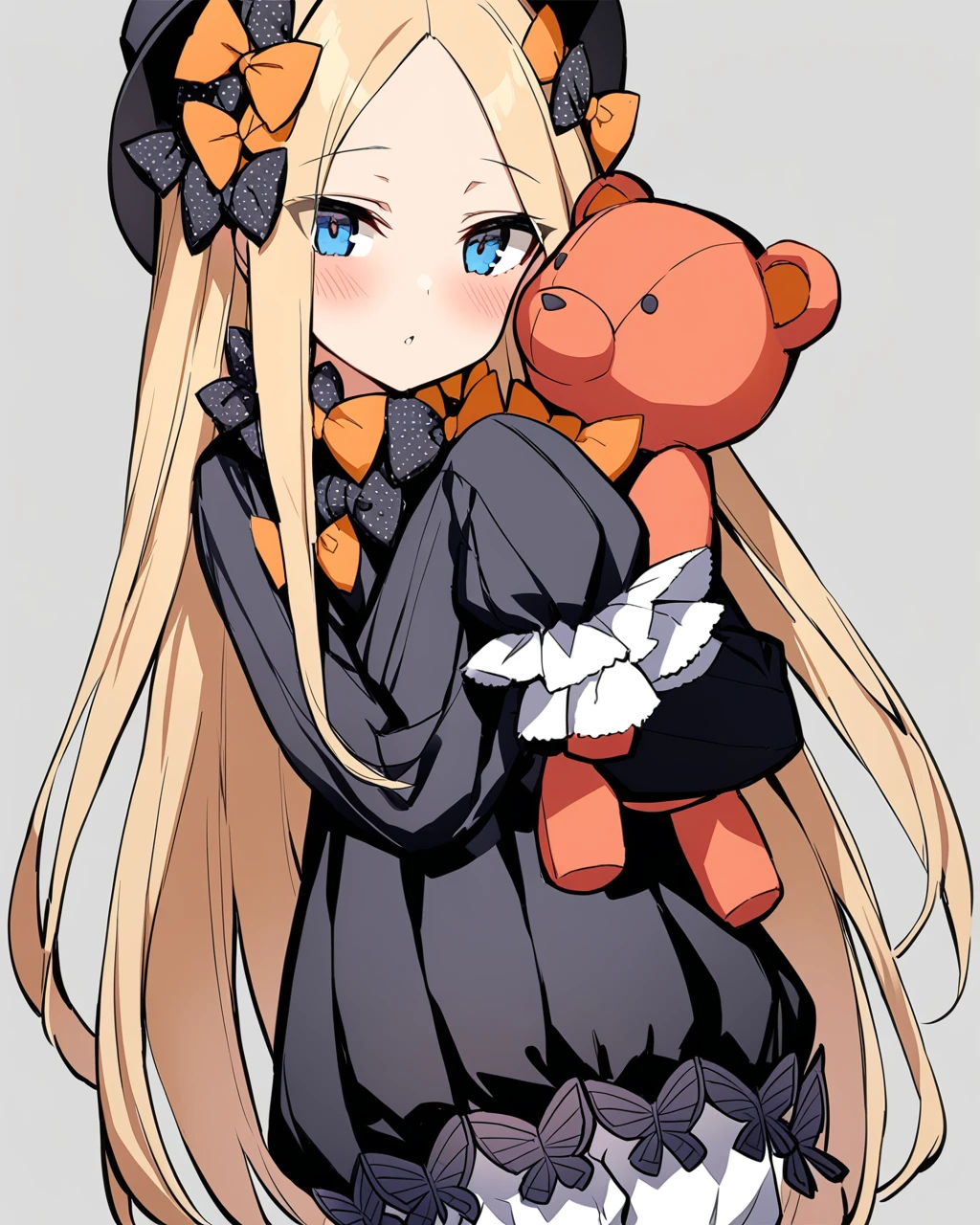 masterpiece, best qualityï¼
 <lora:AB:1>ï¼1girl, solo, long hair, abigail williams (fate), butterfly, teddy bear, stuffed animal, blonde hair, blue eyes, orange bow, bow, hat, sleeves past wrists, very long hair, polka dot bow, black bow, black dress, hair bow, polka dot, long sleeves, sleeves past fingers, looking at viewer, object hug, white bloomers, underwear, parted lips, forehead, grey background, blush, holding stuffed toy, closed mouth, cowboy shot
