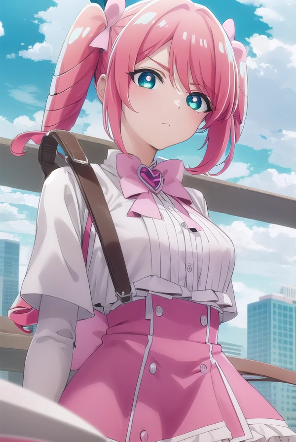 harukahanabishi, <lora:haruka hanabishi-lora-nochekaiser:1>,
haruka hanabishi, twintails, (green eyes:1.3), pink hair,
BREAK thighhighs, gloves, dress, bow, magical girl, pink gloves,
BREAK outdoors, city, sky, sun, clouds,
BREAK looking at viewer, (cowboy shot:1.5),
BREAK <lyco:GoodHands-beta2:1>, (masterpiece:1.2), best quality, high resolution, unity 8k wallpaper, (illustration:0.8), (beautiful detailed eyes:1.6), extremely detailed face, perfect lighting, extremely detailed CG, (perfect hands, perfect anatomy),
