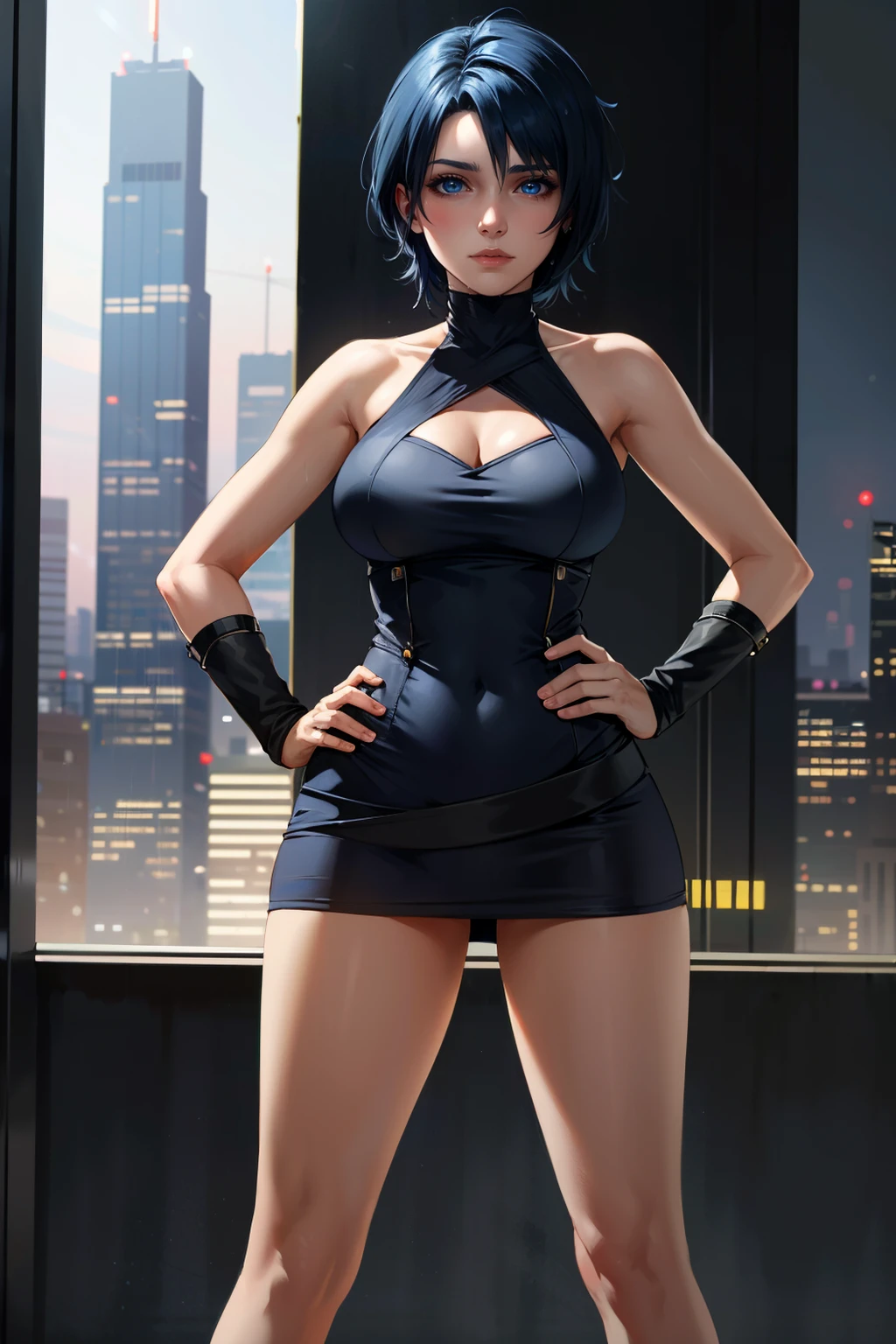 ((ultra detailed, masterpiece, absurdres))
<lora:KHAqua:0.9>
KHAqua, 1girl, solo, short hair, blue hair, blue eyes beneath the neon lights of a cyberpunk city, in a futuristic bodysuit, on a rain-soaked street