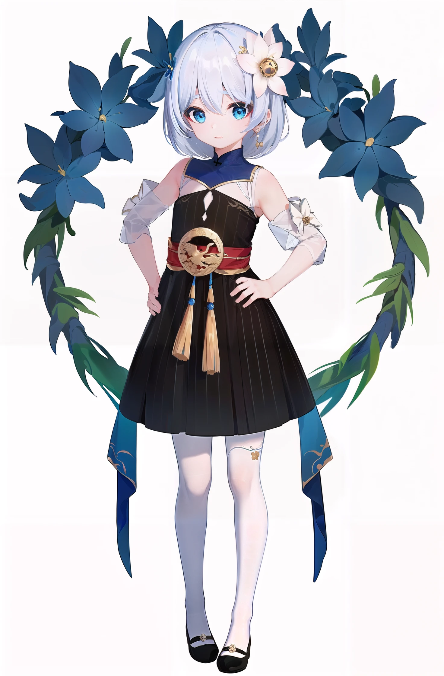 8k, best quality, masterpiece, (ultra-detailed:1.1), (high detailed skin),
(full body:1.3), white background, standing, looking at viewer, (solo:1.4), hand on hip,
<lora:lange-v100:0.8:lbw=OUTALL>, lange, theresa apocalypse, 1girl, hair ornament, hair flower, blue eyes, white hair, flower, simple background, dress, full body, chinese clothes, closed mouth, looking at viewer, bangs, bare shoulders, blue flower,skirt, little girl,9 years old
(white background, simple background:1.6),
(beautiful_face), ((intricate_detail)), clear face,
((finely_detailed)), fine_fabric_emphasis,
((glossy)), full_shot,