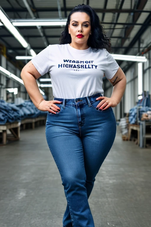 <lora:m1ssh0urglass-000002:0@1, 0.5@0.75, 1@0.2>, high resolution, high quality, tiktok, m1ssh0urgl4ss 1woman (face the viewer) in t-shirt and jeans at the factory, wide hips, (thick)