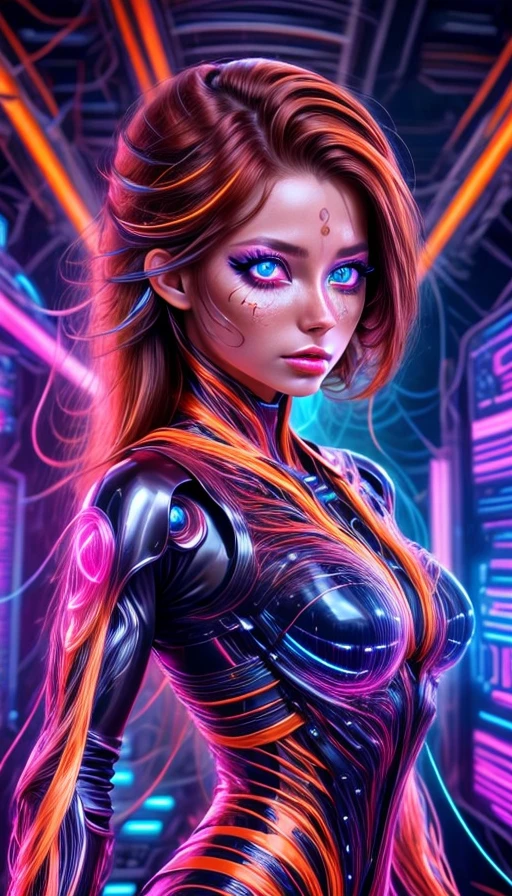 colorful chaos, vivid colors, striking visual design, 1girl, adult woman, gorgeous, (with extremely detailed skin and round hazel eyes with extremely detailed pupils and irises and auburn half-up half-down hairstyle), portrait, solo, upper body, looking at viewer, detailed background, mechanical limbs, wires, advanced technology, dynamic pose, emotionless, artificial intelligence, steel, electronics, gadgets, powered by electricity, holograms, bright lights, neon colors, cables in background, cinematic atmosphere, (<lora:1970RetroFuturism:0.6>, 1970retrofuturism, 1970s theme:1.1), <lora:add_detail:0.75>, <lora:sharpen-soften:-0.2>, <lora:stylesqueeze_v2:0.25>, <lora:realistic:0.25>, <lora:isobug:0.75>
