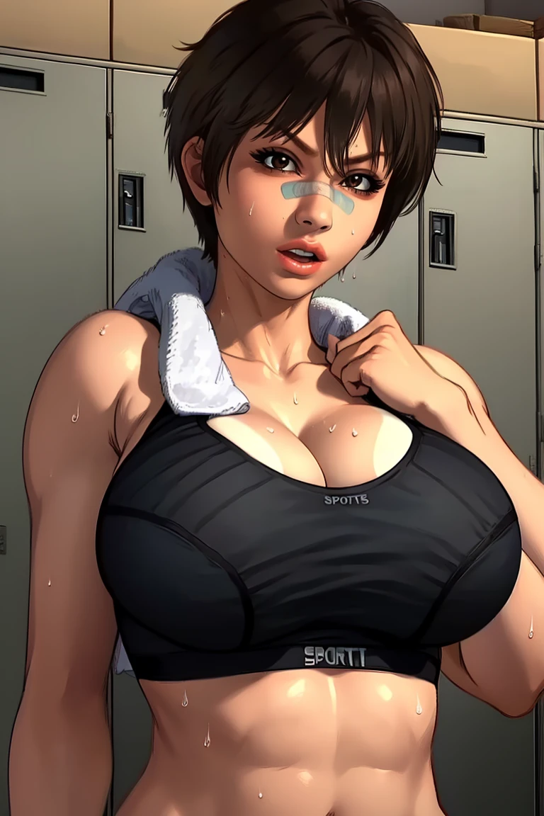 Ayane,brown hair,brown eyes,short hair,bandaid on nose,
cleavage,sports bra,towel around neck,tanlines,toned,sweat,from below,
standing,upper body,
locker room,
(insanely detailed, beautiful detailed face, masterpiece, best quality) solo,<lora:AyaneTendo-11UMEM2:0.8>,