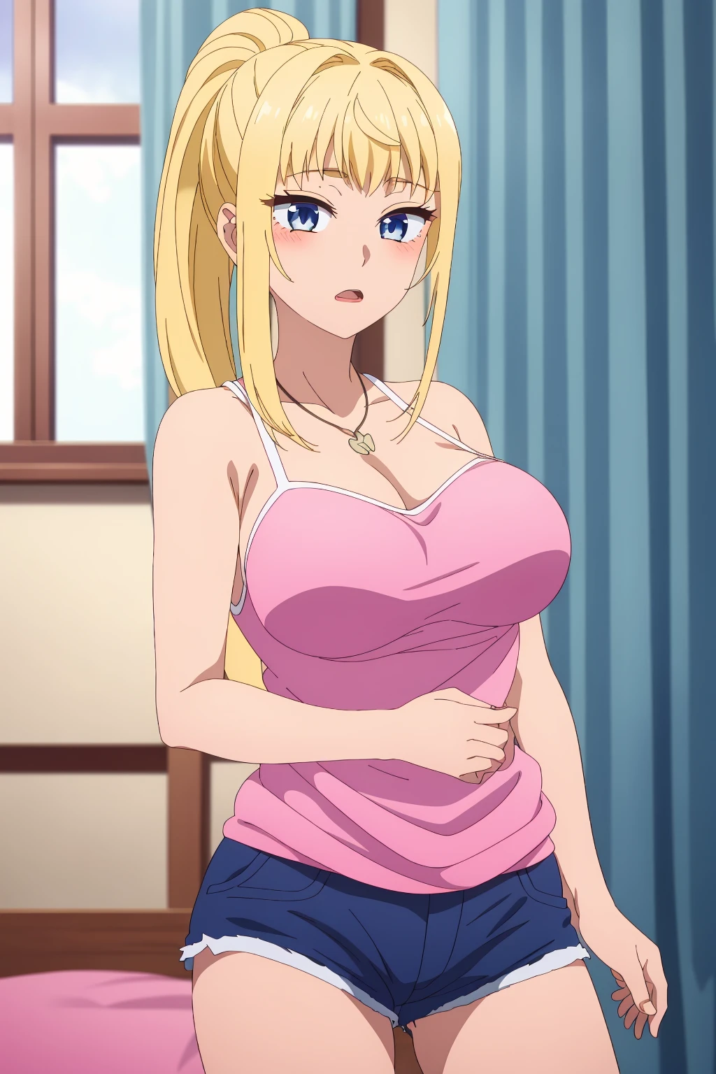((best quality)),((highly detailed)),masterpiece,absurdres,detailed face,beautiful face,(detailed eyes, deep eyes),(1girl),((dynamic pose)), 1girl, <lora:minamiV1_FullRelease:0.7>,minami, blue eyes, blonde hair, solo, long hair, curtains, jewelry, necklace, blush, tank top, short shorts, breast, collarbone, indoors, bangs,large breast, ponytail, open mouth, bare shoulders, looking at viewer, portrait, cowboy shot, parted lips, sidelocks, blurry background, blurry, sleeveless, window