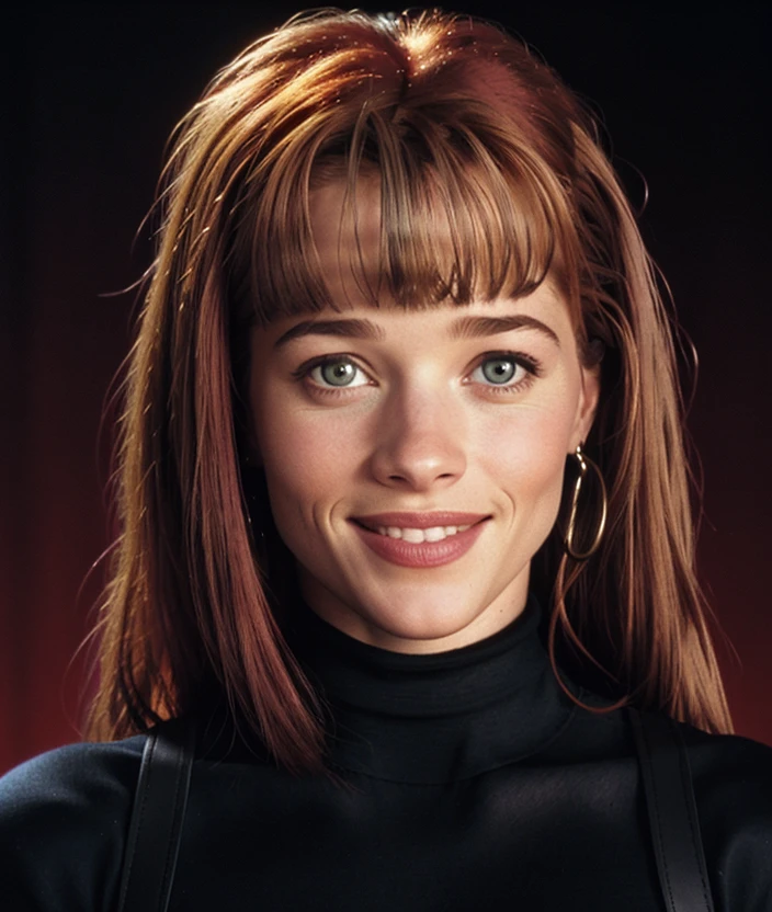 <l3ur3h>, Ultra-HD-realistic-details, upper body, Black background, smile, Colorful dress, turtleneck, 90s style, Soft and sweet features