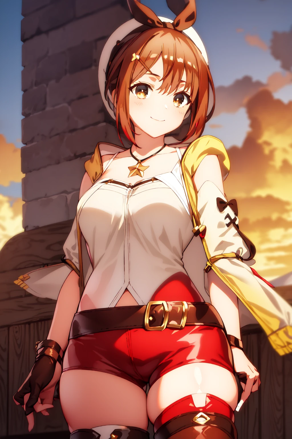 ryza, 1girl, solo, brown hair, brown eyes, bangs, single glove, leather glove, white headwear, white shirt, black bow, jacket, leather belt, shorts, short shorts, (red shorts:1.3), sleeveless, sleeveless jacket, thick thighs, leather thighhighs, yellow jacket, star necklace, smile, outdoors, (masterpiece:1.2), best quality, high resolution, unity 8k wallpaper, extremely detailed face, perfect lighting, extremely detailed CG, (perfect hands, perfect anatomy), <lora:reisalin_stout:0.9>,