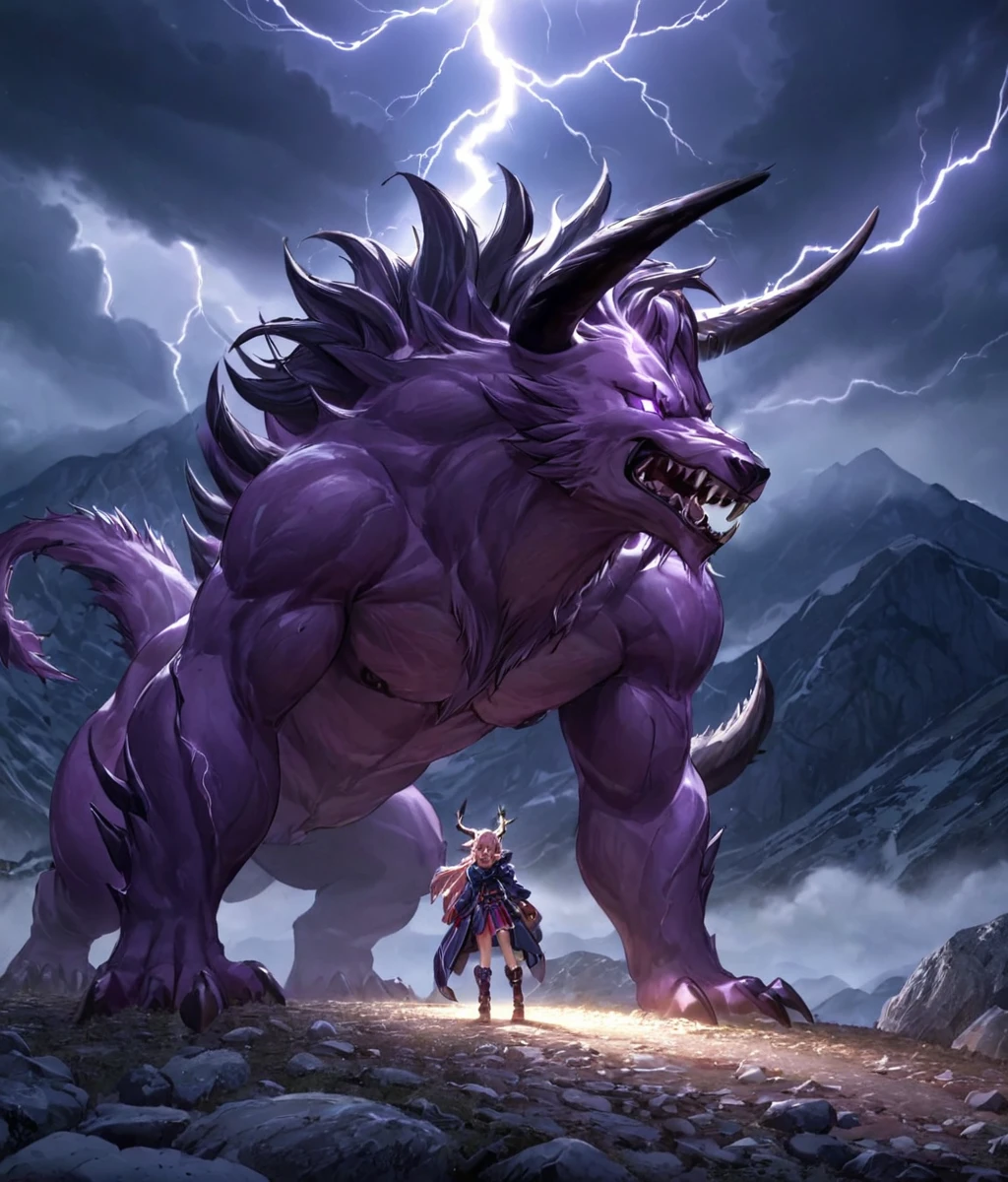 <lora:Final_Fantasys_Behemoth_XL:0.9> behemoth a beast with long horns, at rocky mountains with lightning, (masterpiece), best quality, highres, 4k, 8k, cinematic lighting, amazing quality, amazing shading, soft lighting, Illustration, official artwork, anime style, wallpaper, official art