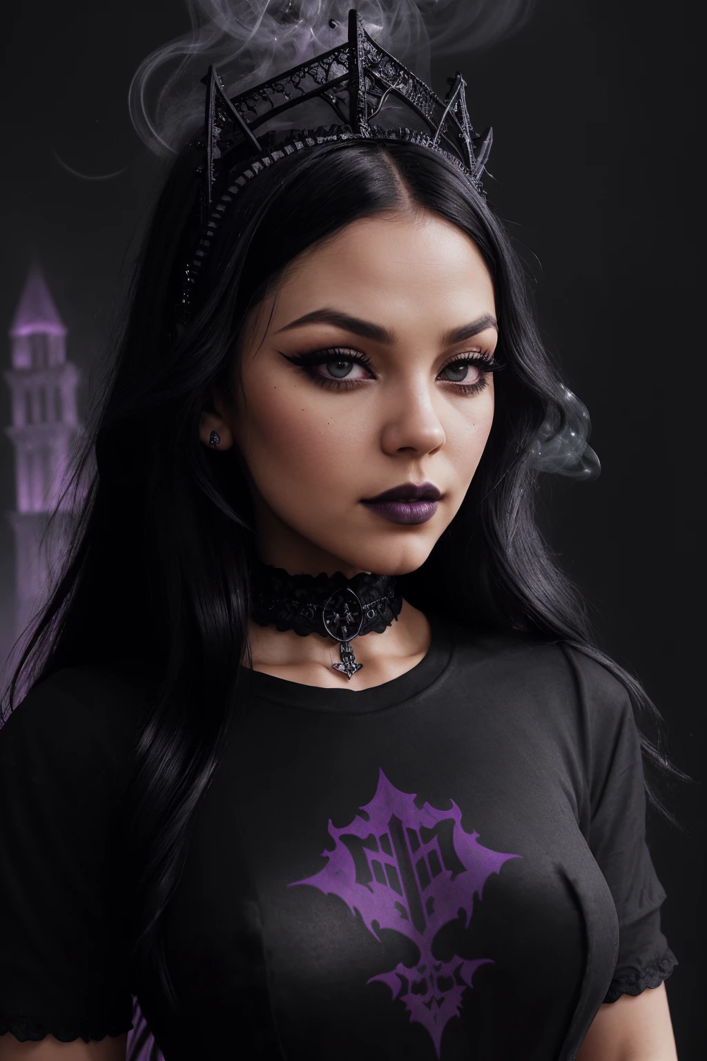 (EXTREME CLOSE-UP SHOT:1.6) Tower-of-Doom-Halo (gothic Eyes, (gothic eyeliner) gothic lisptick, (gothic eye shadow):1.2) ((Photo Focus, DOF, Aperture, insanely detailed and intricate, character, hypermaximalist, elegant, ornate, beautiful, exotic, revealing, appealing, attractive, amative, hyper realistic, super detailed, heresy flares))(volumetric purple smoke:1.3) (Gothic Tower in the background:1.4) (WEARING A BLACK T-SHIRT:1.7) (SCREAMING at viewer:1.3)