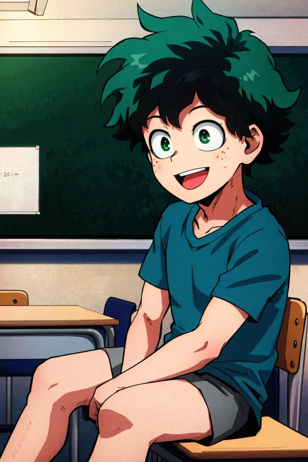 1boy, green eyes, green hair, happy, green shirt, sitting, classroom 