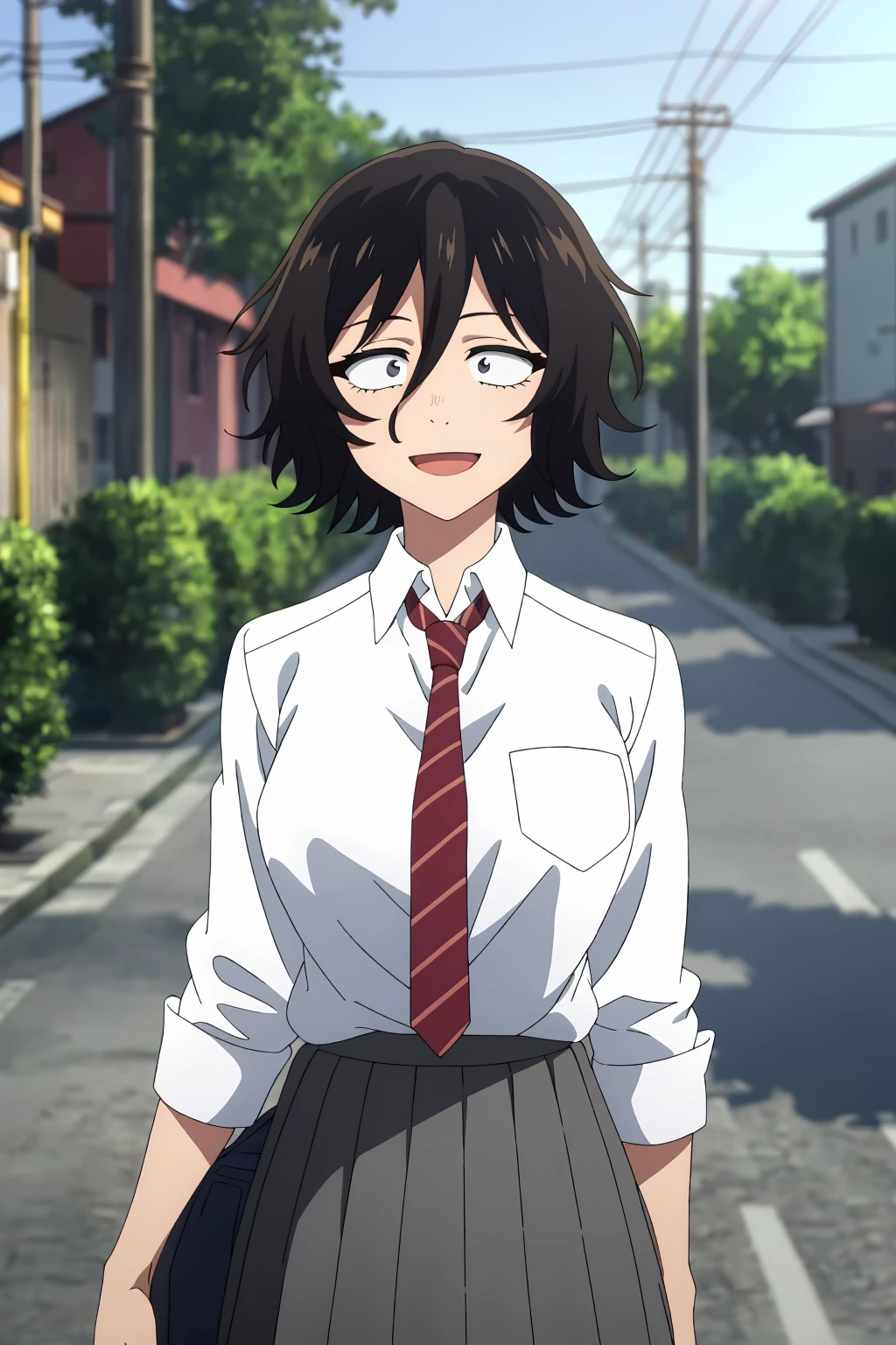 ((best quality)),((highly detailed)),masterpiece,absurdres,detailed face,beautiful face,(detailed eyes, deep eyes),(1girl),((dynamic pose)), 1girl, <lora:AkiraV1:0.7>Akira, black hair, solo, skirt, scar, necktie, school uniform, short hair, outdoors, shirt, bag, pleated skirt, open mouth, breast pocket, white shirt, holding bag, holding, smile, breasts, tree, red necktie, striped necktie, utility pole, hair between eyes, pocket, school bag, messy hair, shirt tucked in, grey eyes, collared shirt, grey skirt, bangs, power lines, long sleeves, striped, looking at viewer, blind, bush, large breasts, night, blurry background, building, standing, blurry, medium hair, white eyes, road, bags under eyes, feet out of frame, sleeves rolled up, hand up, medium breasts, looking to the side, diagonal-striped necktie, sky