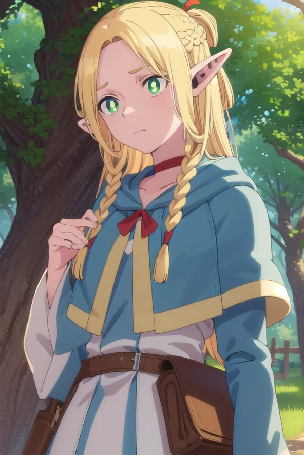 marcilledonato, <lora:marcille donato-lora-nochekaiser:1>,
marcille donato, long hair, blonde hair, (green eyes:1.3), braid, pointy ears, twin braids, elf, (bright pupils:1.5), (parted bangs:1.5),
BREAK choker, robe, red choker,
BREAK outdoors, nature, forest, trees, grass, river, sun, sky, clouds,
BREAK looking at viewer, (cowboy shot:1.5),
BREAK <lyco:GoodHands-beta2:1>, (masterpiece:1.2), best quality, high resolution, unity 8k wallpaper, (illustration:0.8), (beautiful detailed eyes:1.6), extremely detailed face, perfect lighting, extremely detailed CG, (perfect hands, perfect anatomy),