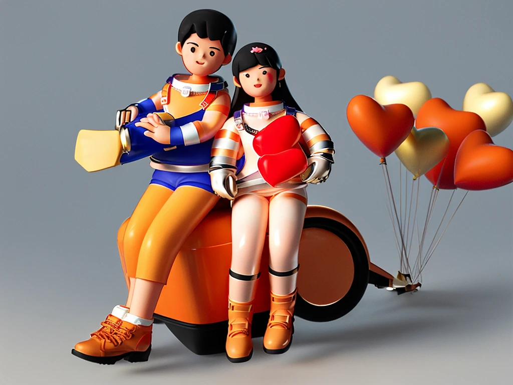 1boy,1girl,space suit,motorcycle,orange motorcycle,black hair,red flower,holding flower,yellow dress,driving,heart balloon,red balloon,couple,chibi,shoes,full body,simple background,white background,, masterpiece, best quality,