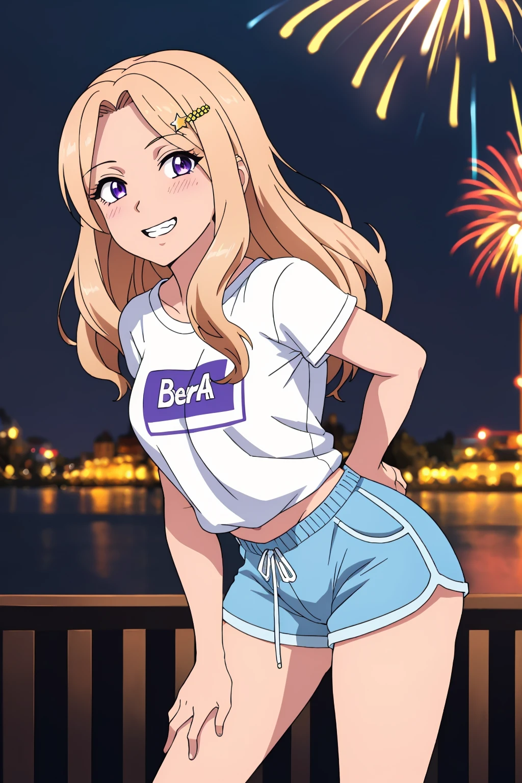 ((best quality)),((highly detailed)),masterpiece,absurdres,detailed face,beautiful face,(detailed eyes, deep eyes),(1girl),((dynamic pose)), <lora:HaruV1:0.7>Haru, blonde hair, purple eyes, long hair, hairclip, star hair ornament, looking at viewer, dolphin shorts, t shirt, looking at viewer, solo, standing,arms behind back, smile showing teeth, outdoors, night, fireworks background, leaning forward, cowboy shot,<lora:dolphin_shorts_v0.1:0.9>