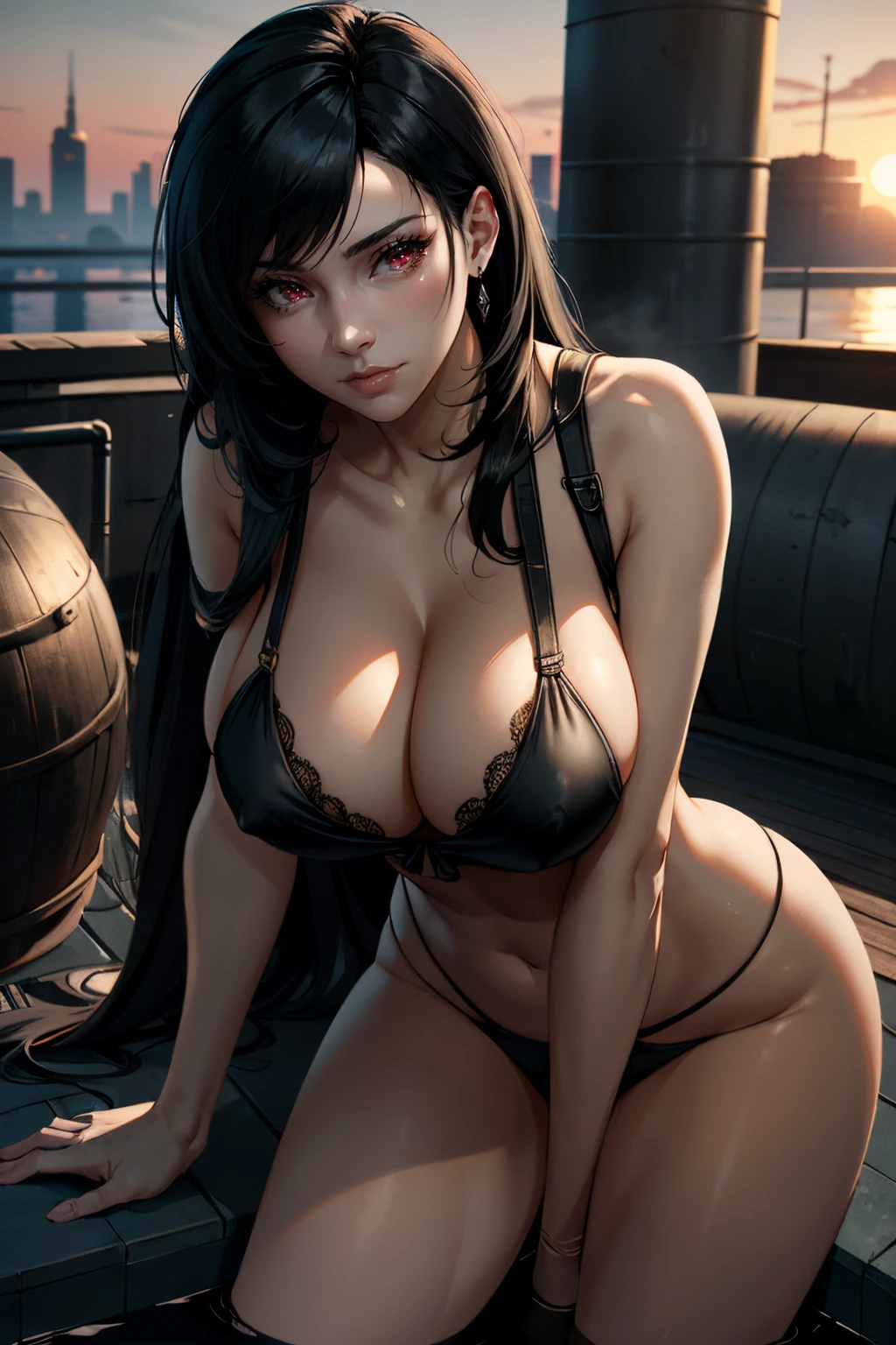 ((ultra detailed, masterpiece, absurdres))
<lora:FF7Tifa:0.9>
FF7Tifa, 1girl, solo, long hair, black hair, red eyes, At a high-end hotel's grand staircase, strappy lingerie set, cascading chandelier in the background, ascending the stairs with a captivating look over the shoulder
