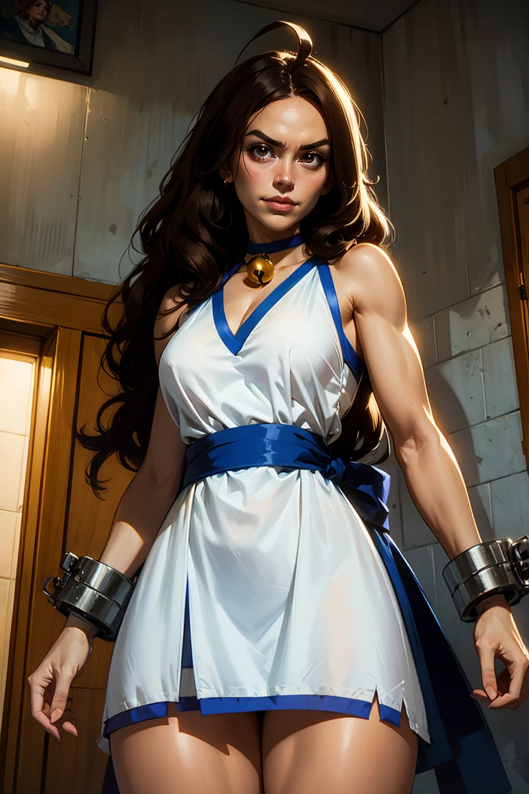 Chang,brown eyes,brown hair,long hair,ahoge,angry,
white sleeveless dress,bandages,bare shoulders,cuffs,neck bell,v-neck,blue sash,
facing viewer,smile,toned,cleavage,from below,
shackles,thick,
standing,large prison cell,indoors,
(insanely detailed, beautiful detailed face, masterpiece, best quality),solo,<lora:ChangKoehan-10KOFAS:0.8>,