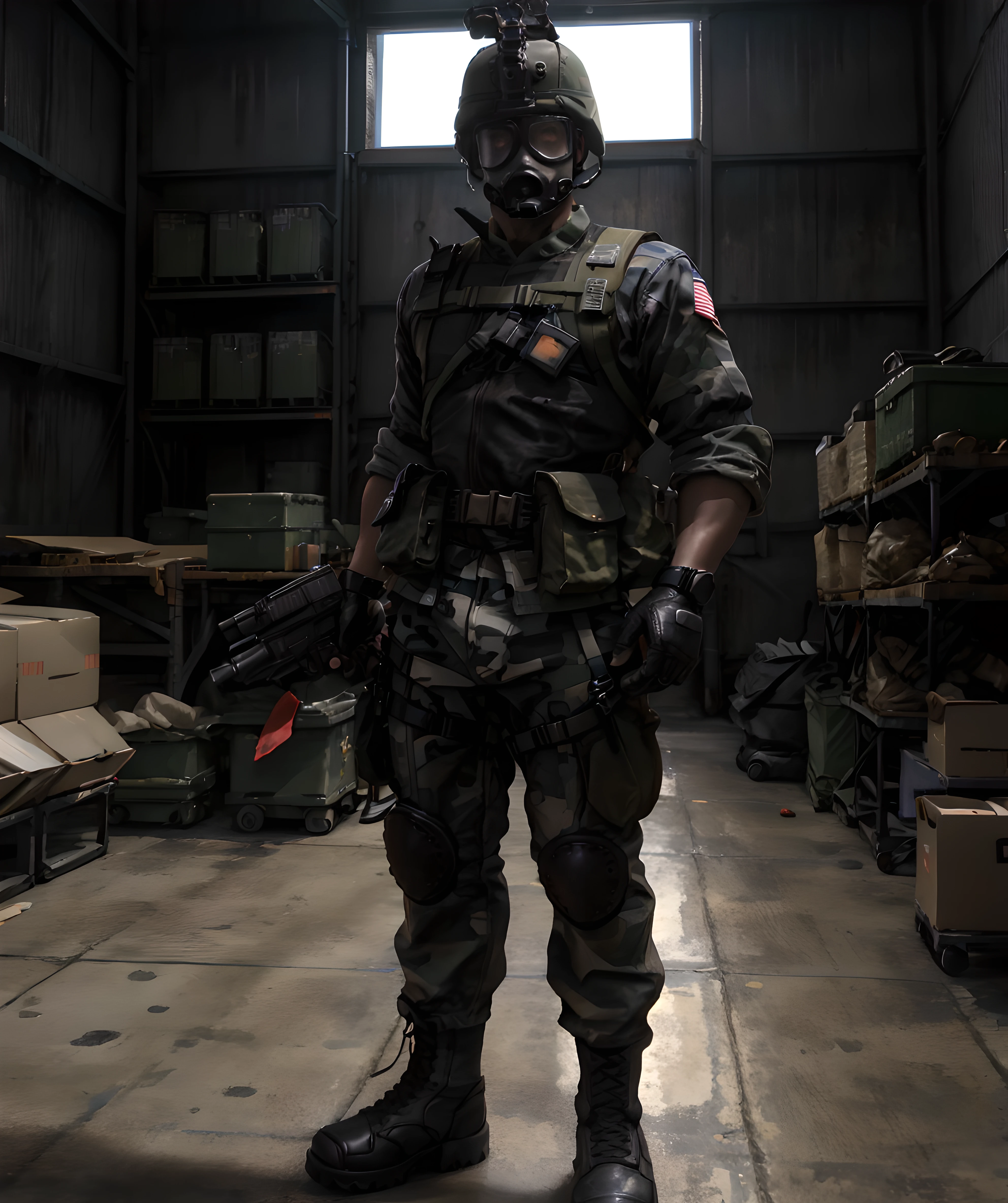 adrian_shephard, male focus, standing, military, warehouse, looking at viewer <lora:Adrian_Shephard:0.8>