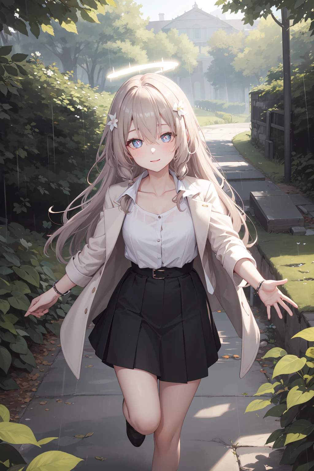 (masterpiece,best quality:1.4),(ultra-detailed,highres:1.2),wallpaper,perfect anatomy,pixiv id,colorful,
outdoor,nature,sunshine,forest,plant,leaf,tree,flower,rain,overcast,
1girl,solo,collarbone,happy,naughty face,
(beautiful hair,bangs,hair between eyes),(looking at viewer),(bright pupils,detailed pupils,beautiful pupils,glint),
<lora:cecilia_laporta_arknights:1>,flower,halo,white shirt,jacket,running,outstretched arms,