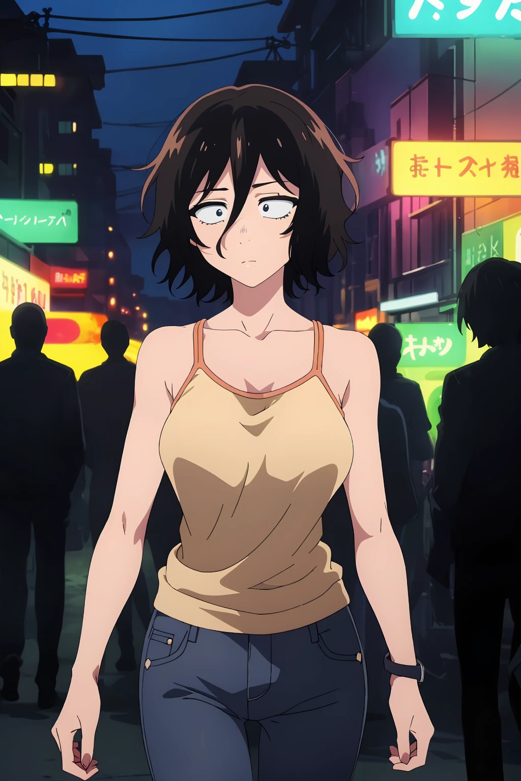 ((best quality)),((highly detailed)),masterpiece,absurdres,detailed face,beautiful face,(detailed eyes, deep eyes),(1girl),((dynamic pose)), 1girl, <lora:AkiraV1:0.7>Akira, black hair, hair between eyes, messy hair, short hair, black eyes, bags under eyes, solo, constricted pupils,walking, at night,white tank top, medium breast, (eyes looking away from the viewer:1.3, looking away from viewer:1.3), ripped jeans, hands in pocket, nighttime, city streets, neon signs, crowd behind, cowboy shot