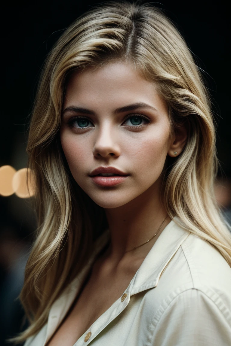 photo of (natal33:0.99), a beautiful woman, perfect blonde hair, (modern photo, Pastel Green button shirt1.1), 24mm, (analog, cinematic, film grain, hazy atmosphere:1.3), ((plain Harvest Gold background, jazz club:1.2)), detailed eyes, (seductive), (epicPhoto), (looking at viewer), (cinematic shot:1.3), PA7_Portrait-MCU