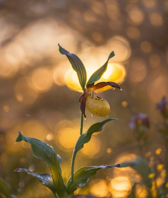 cyp3ca spectacular light, upper body, Ultra-HD-details, Low blur, warm light, dew drops, flower, blurry, no humans, depth of field, close portrait photo, Sunset, Flowering, trioplan 100mm ultra realistic 8k cg, masterpiece, professional artwork, cinematic lighting,Contained Color, Grass, forest