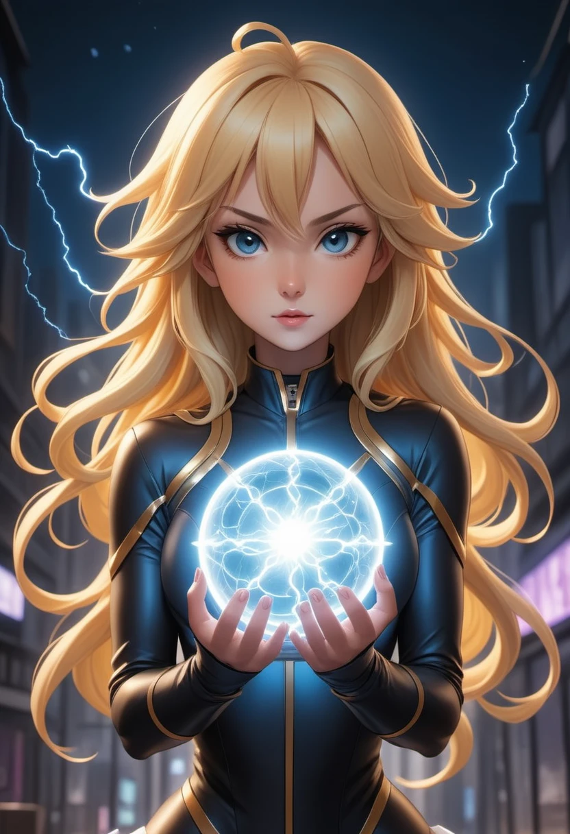 (Marvel comic book style anime:2.5) of (1girl, blonde, holding electric orbs, magic:1.4), symmetrical, highly detailed, 8k, illustration, concept art, sharp focus, volumetric lighting, epic Composition, artstation