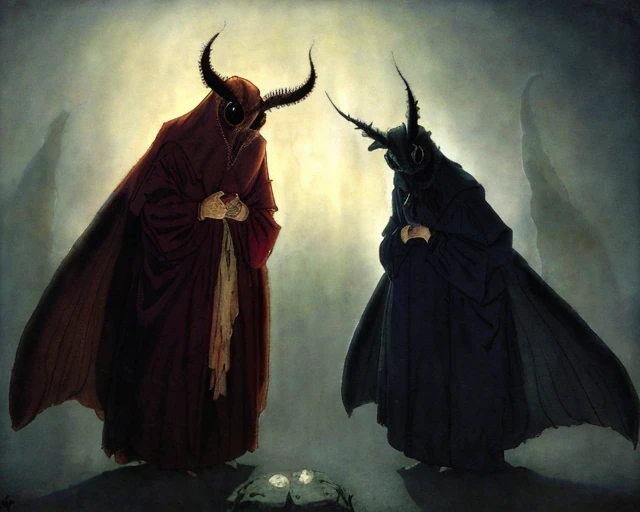 a painting of an anthropomorphic moth man wearing dark priest robes, summoning a demon, dramatic, spooky, rslp style, intricate detail, by john-bauer, by Bob Eggleton