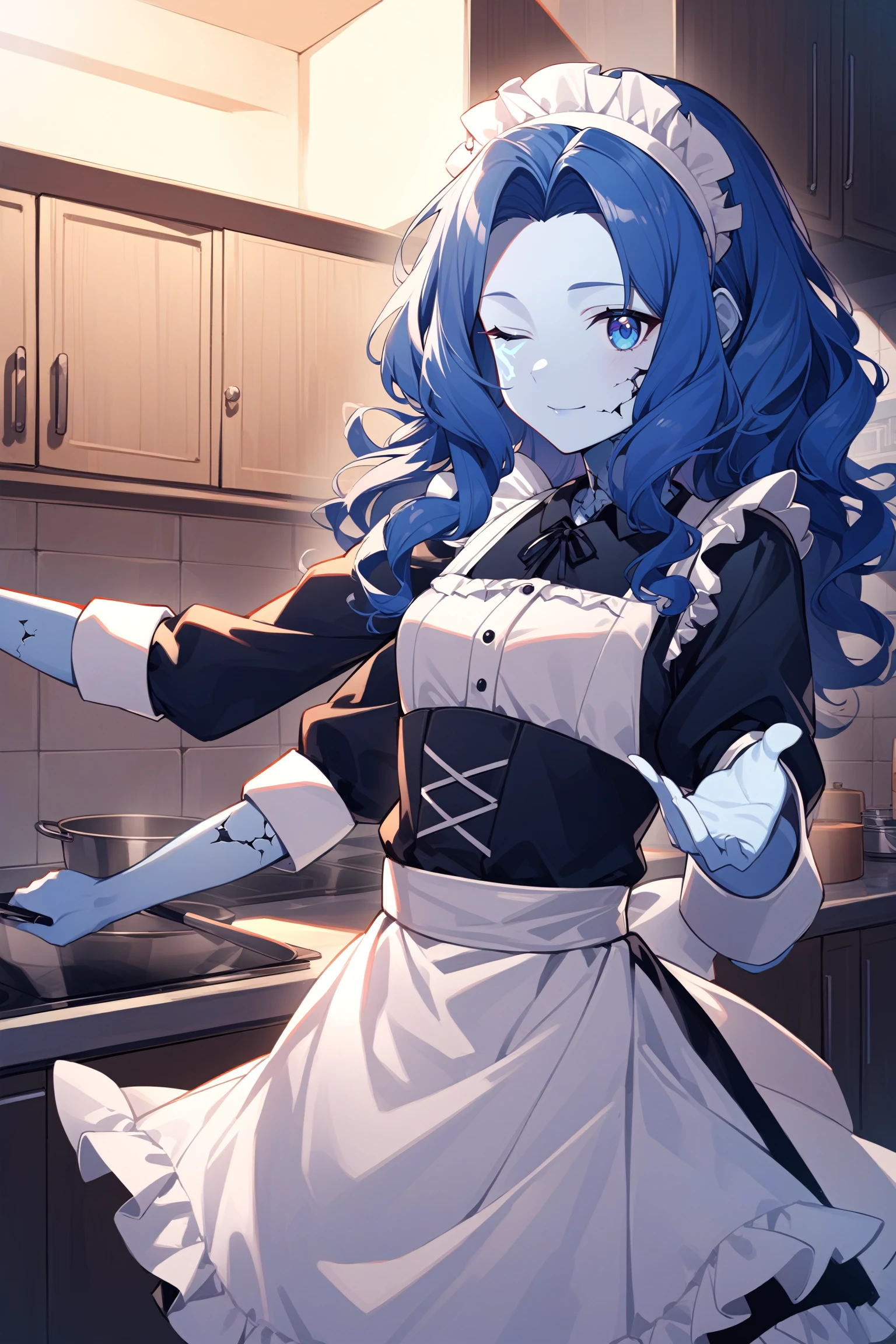 1girl, IncrsXLRanni, <lora:RanniXLV2:1>, wavy hair, blue skin, cracked skin, extra arms, (extra faces:1.3), maid, maid headdress, maid apron, indoors, light smile, kitchen,