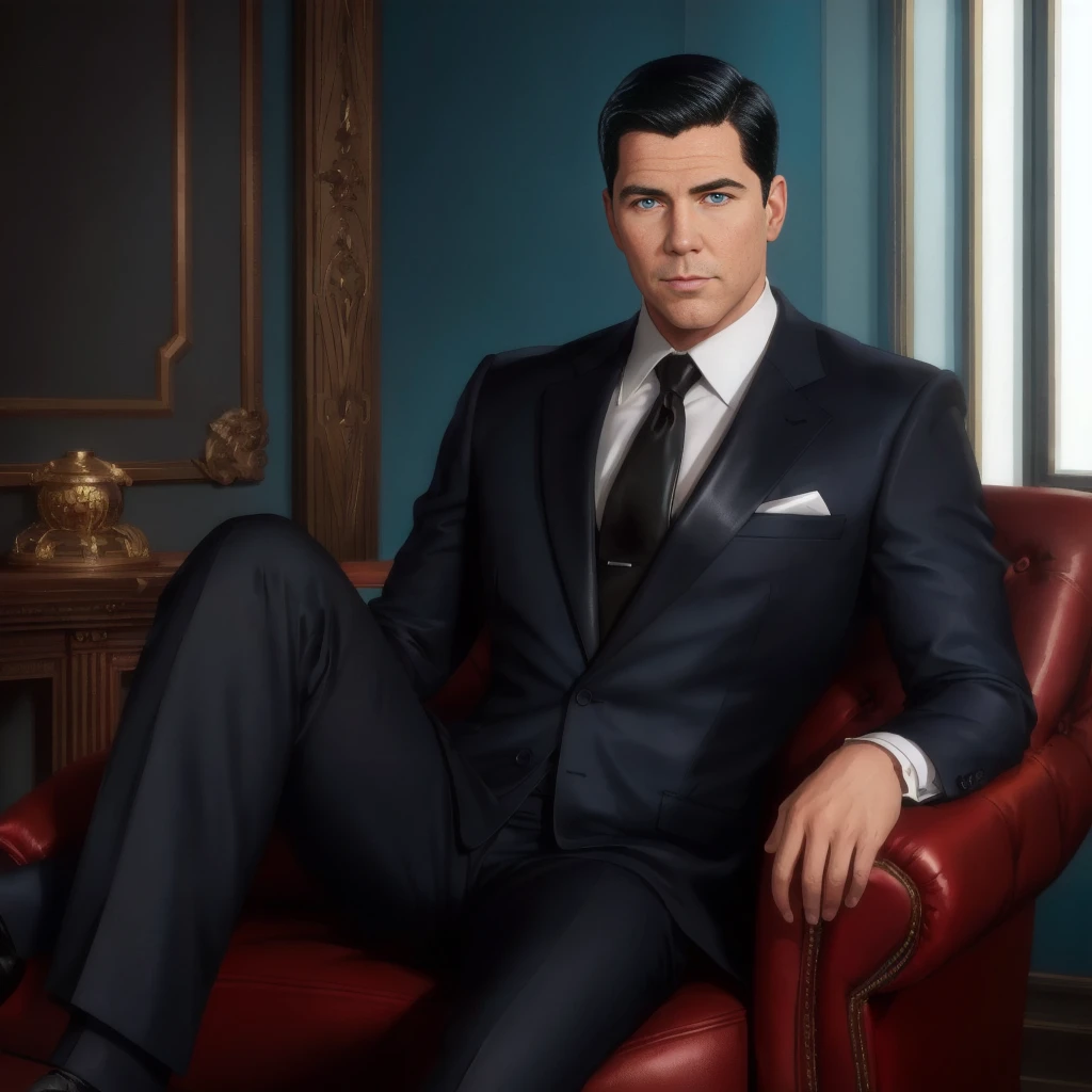 8k HD RAW High resolution, highly detailed, sharp focus, intricate, smooth, photorealistic, full body portrait of archerfx <lora:archerfx-v1:0.3>, handsome male, sharp facial features, blue eyes, slim, narrow waist, broad shoulders, black suit and tie, sitting on leather chair,