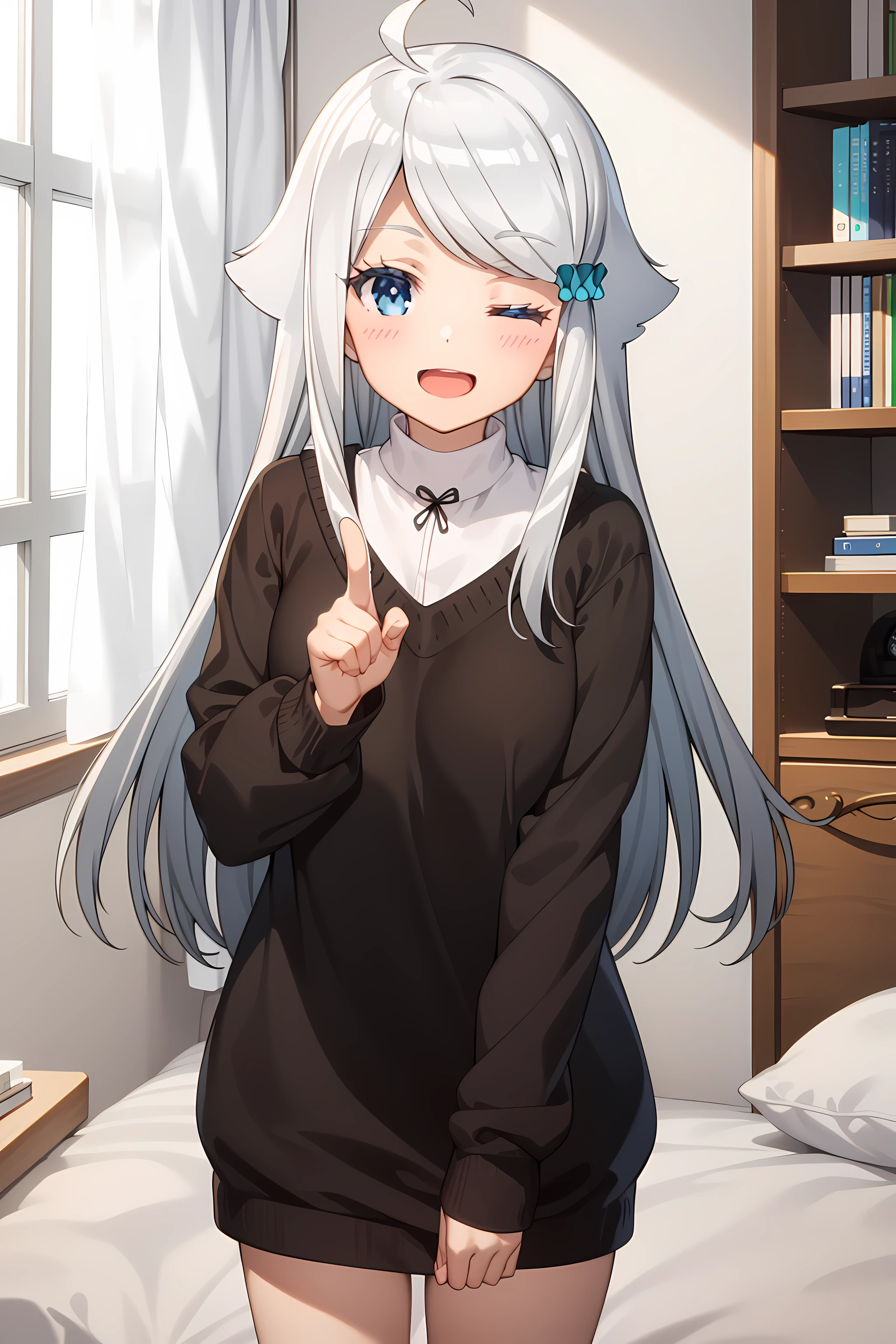anime girl (long grey hair:1.1), medium breast, grey-black hair, cat ear , oversize sweatshirt,oversize sleeves, devil tail, devil eyes,eyes, small breast