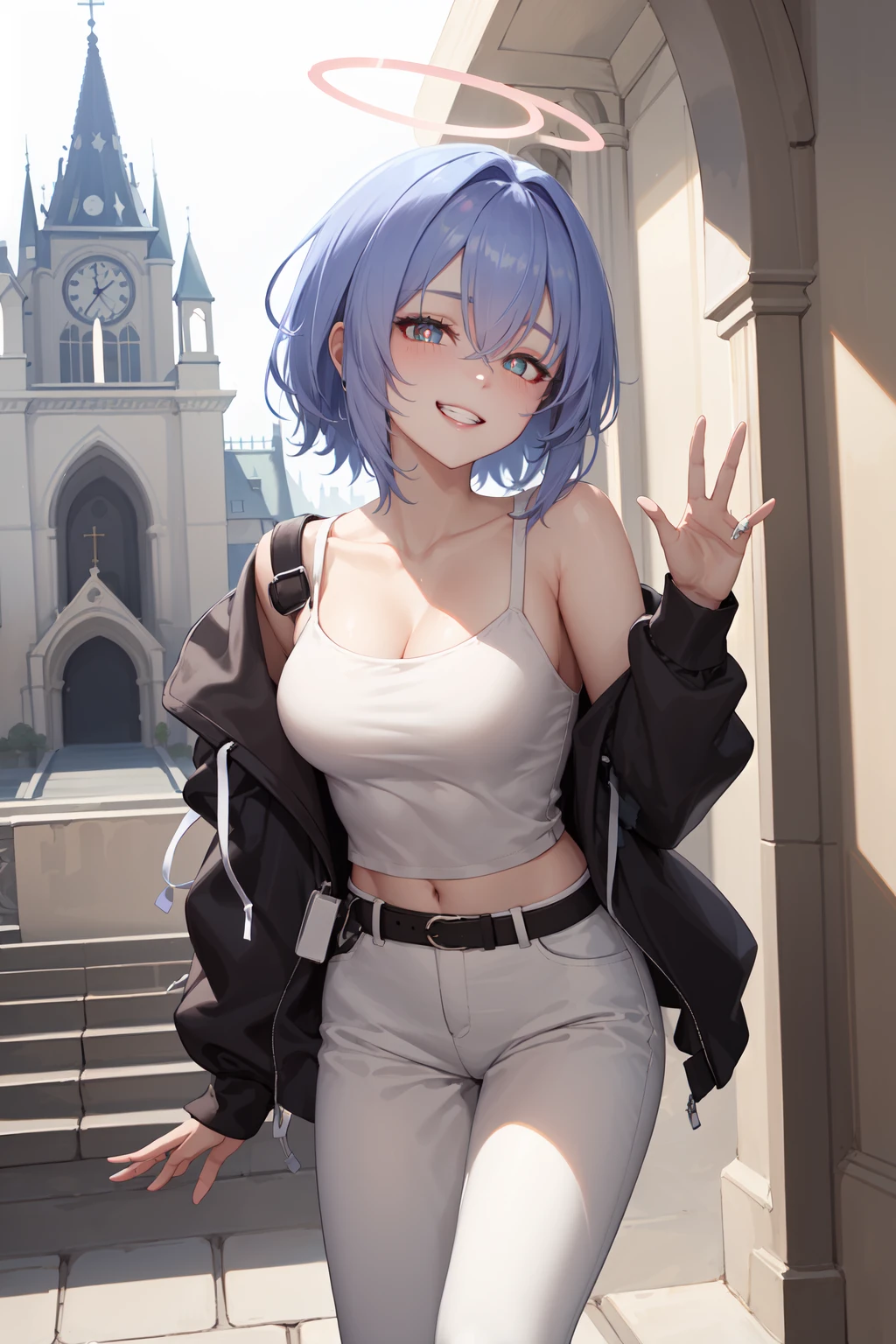 (masterpiece,best quality:1.4),(ultra-detailed,highres:1.2),wallpaper,perfect anatomy,pixiv id,colorful,
outdoor,sunlight,church,cathedral,
1girl,solo,collarbone,naughty face,grin,evil grin,ok sign,half-closed eyes,standing on one leg,
(beautiful hair,bangs,hair between eyes),(looking at viewer),(bright pupils,detailed pupils,beautiful pupils,glint:1.2),
<lora:spuria_arknights_2:1>,spuria,spuria arknights,white trousers,halo,