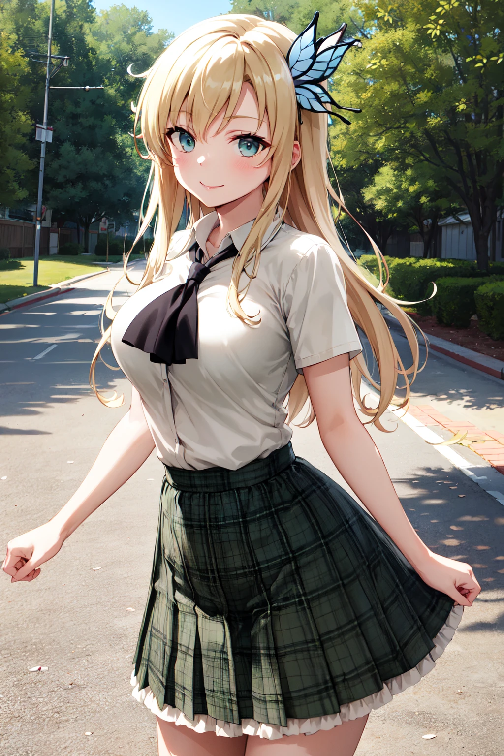 masterpiece, best quality, highres, aasena, long hair, hair ornament, large breasts, black neckerchief, shirt, short sleeves, plaid skirt, green skirt, <lora:kashiwazaki_sena_v1:0.7>, standing, cowboy shot, outdoors, smile