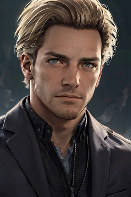 Felix Richter,  blond hair,  stubble,  (light brown eyes,  normal size eyes),  handsome,  charming,  alluring,  debonair,  (standing),  (upper body in frame),  simple background,  black background,  fog,  dark atmosphere,  perfect light,  perfect anatomy,  perfect proportions,  perfect perspective,  8k,  HQ,  (best quality:1.5,  hyperrealistic:1.5,  photorealistic:1.4,  madly detailed CG unity 8k wallpaper:1.5,  masterpiece:1.3,  madly detailed photo:1.2),  (hyper-realistic lifelike texture:1.4,  realistic eyes:1.2),  picture-perfect face,  perfect eye pupil,  detailed eyes,  realistic,  HD,  UHD,  (front view:1.2),  portrait,  face focus,  looking outside frame,  (MkmCut),<lora:EMS-498-EMS:0.000000>,<lora:EMS-261760-EMS:0.700000>