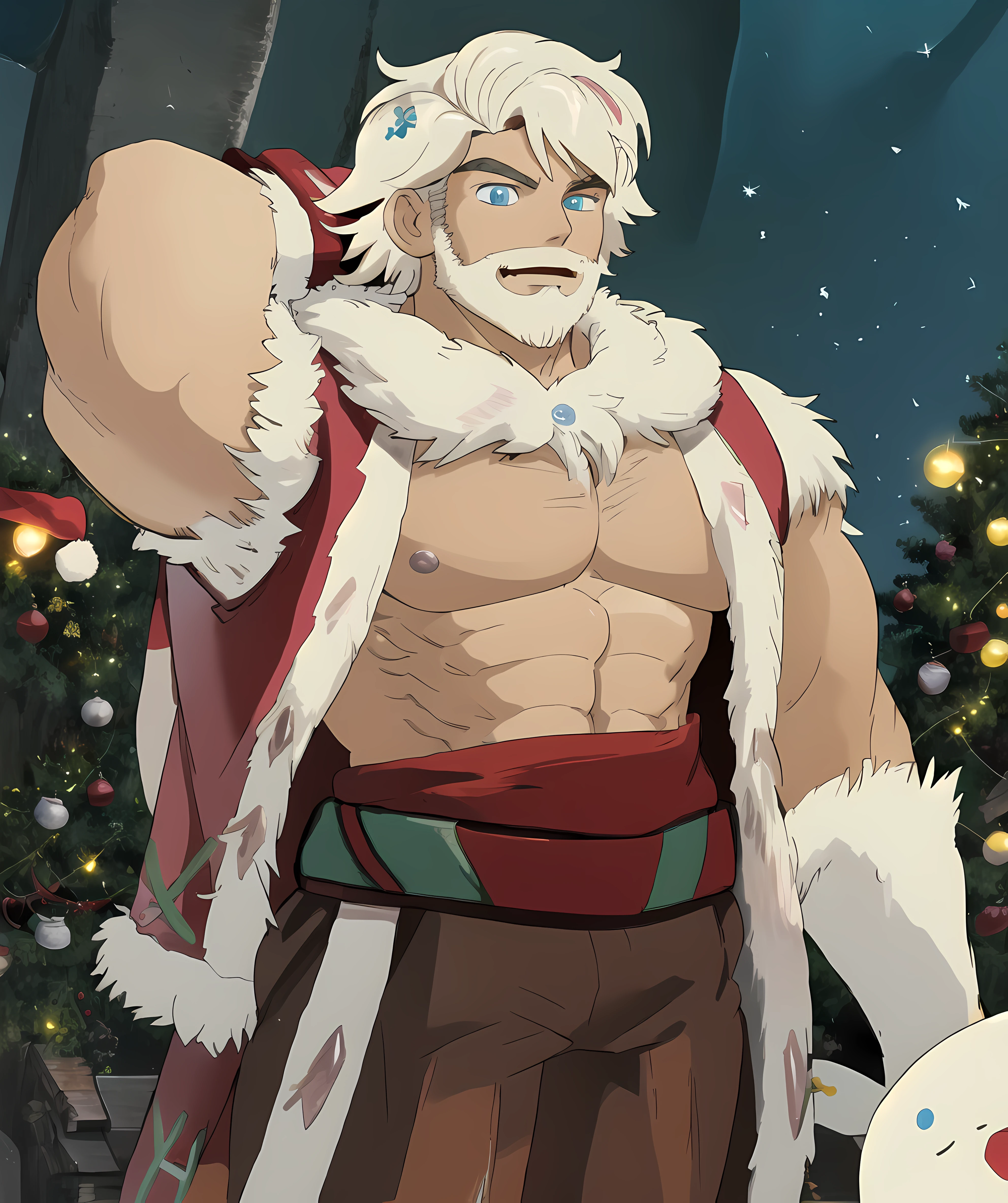 CONCEPT_CHR_SantaClause_ownwaifu, smile,
1boy, blue eyes, white hair, long hair, very long hair, beard, facial hair, mature male, mustache, old man, santa hat, bare pectorals, large pectorals, muscular male, abs, nipples, manly, bara,
fur trim, fur-trimmed jacket, santa costume, open clothes, red jacket, off shoulder,
<lora:CONCEPT_CHR_SantaClause_ownwaifu:1> ,
christmas, snow, christmas ornaments,
((masterpiece)),((best quality)),(highres), bokeh, depth_of_field, scenery, spotlight, focused, looking at viewer, solo, cowboy shot,