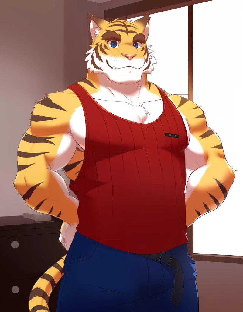 (((detailed eyes, detailed face))), (furry, torahiko <lora:character_torahiko_findigo_v1:0.9>, facial hair, thick eyebrows), male, (solo), (plump), (red tank top, sleeveless, shirt untucked, blue cropped pants, belt), standing, (arms behind back), smile BREAK (konzaburou, ukan_muri, cute), bedroom, (flat shading, [flat color], high brightness), 8k, UHD, masterpiece, (full body)