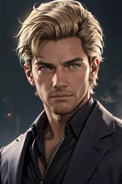 Felix Richter,  blond hair,  stubble,  (light brown eyes,  normal size eyes),  handsome,  charming,  alluring,  debonair,  (standing),  (upper body in frame),  simple background,  black background,  fog,  dark atmosphere,  perfect light,  perfect anatomy,  perfect proportions,  perfect perspective,  8k,  HQ,  (best quality:1.5,  hyperrealistic:1.5,  photorealistic:1.4,  madly detailed CG unity 8k wallpaper:1.5,  masterpiece:1.3,  madly detailed photo:1.2),  (hyper-realistic lifelike texture:1.4,  realistic eyes:1.2),  picture-perfect face,  perfect eye pupil,  detailed eyes,  realistic,  HD,  UHD,  (front view:1.2),  portrait,  face focus,  looking outside frame,  (MkmCut),<lora:EMS-498-EMS:0.000000>,<lora:EMS-261760-EMS:0.500000>