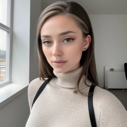 <lora:hannahrayninja_sd15_512_128_64_v1:1> 1girl solo looking at viewer wearing a turtleneck sweater epiCRealism