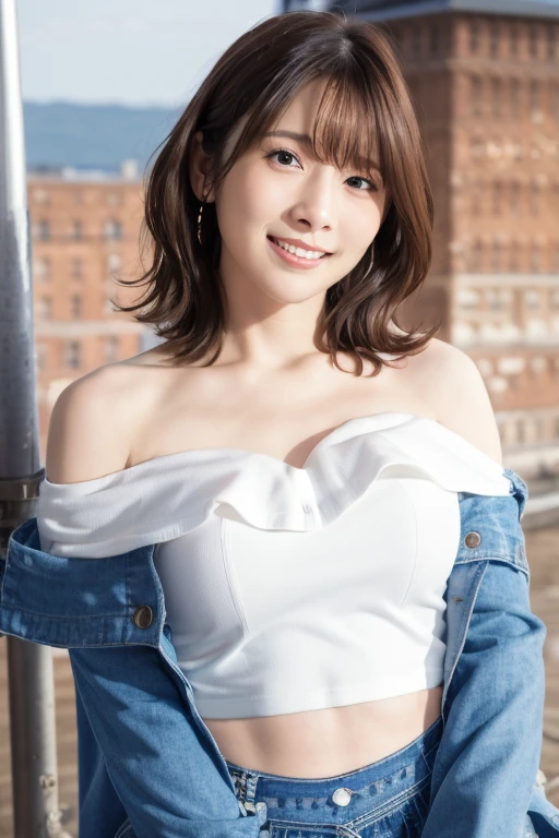 1girl, (cropped top, jacket:1.4),(sleeveless, off shoulder:1.4),(RAW photo, best quality), (realistic, photo-realistic:1.8), masterpiece, an extremely delicate and beautiful, extremely detailed, 2k wallpaper, Amazing, finely detail, extremely detailed CG unity 8k wallpaper, ultra-detailed, highres, soft light, beautiful detailed girl, extremely detailed eyes and face, beautiful detailed nose, beautiful detailed eyes,cinematic lighting,(in the city:2.4),perfect anatomy,(slender body:1.6),(close up face:1.8),(laugh,friendly, warm:2.0),(looking at viewer:2.0),(young japanese idol:1.8),(wavy short hair:1.8), (brown eyes:1.8),(dynamic pose:2.0), (cleavage:1.2), <lora:uchidamaaya_lora-14:0.8>