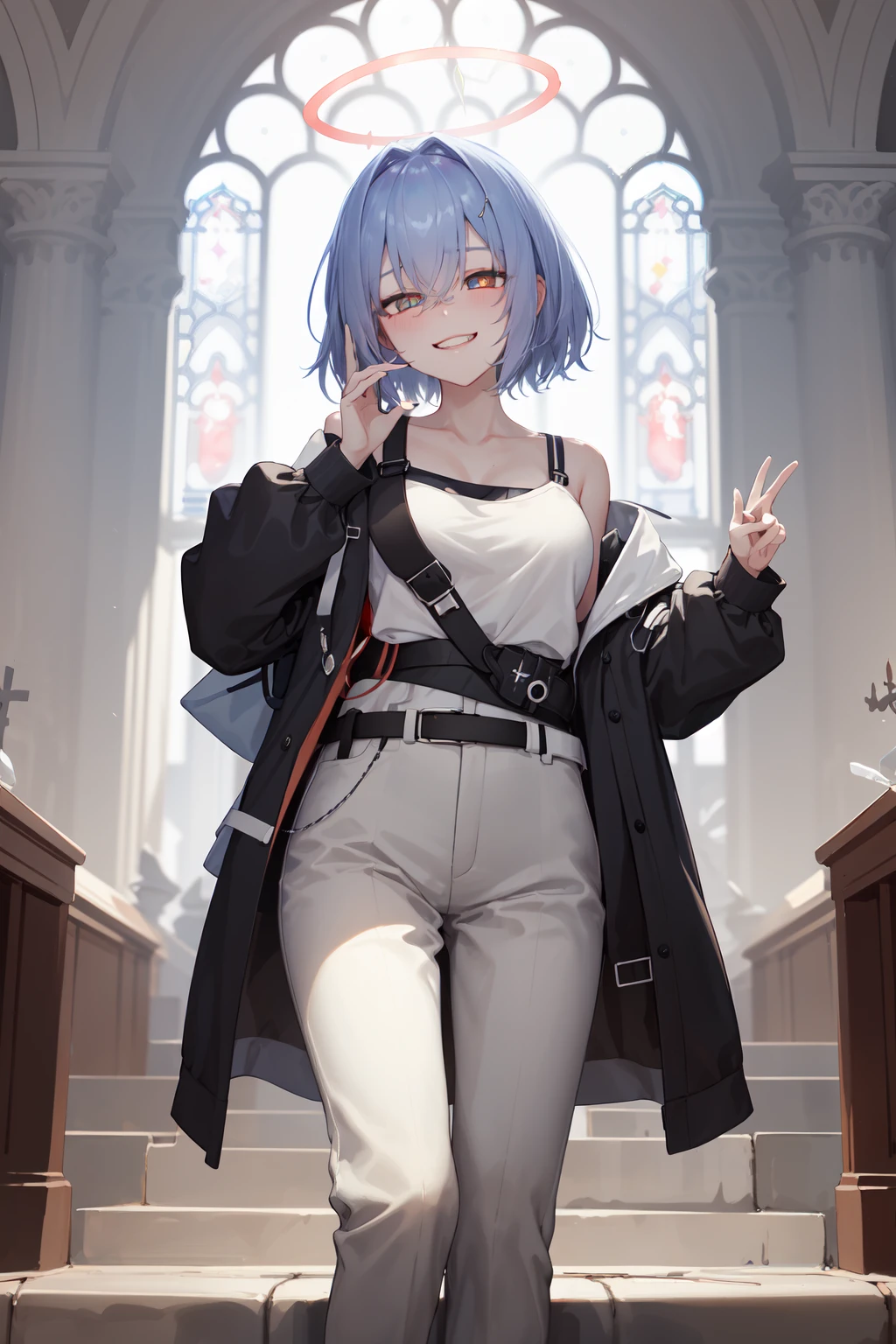 (masterpiece,best quality:1.4),(ultra-detailed,highres:1.2),wallpaper,perfect anatomy,pixiv id,colorful,
outdoor,sunlight,church,cathedral,
1girl,solo,collarbone,naughty face,grin,evil grin,ok sign,half-closed eyes,standing on one leg,
(beautiful hair,bangs,hair between eyes),(looking at viewer),(bright pupils,detailed pupils,beautiful pupils,glint:1.2),
<lora:spuria_arknights_2:1>,spuria,spuria arknights,white trousers,halo,