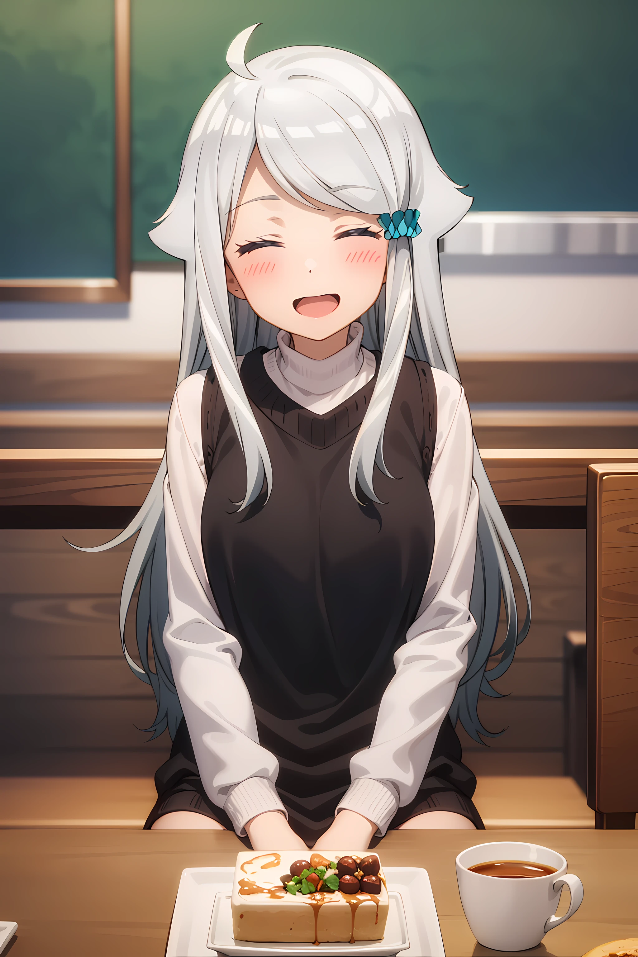 best quality, masterpiece, detailed,
<lora:ImoutoSaeIrebaIi_KaniNayuta:0.8>, KaniNayuta,
1girl, solo, open mouth, smile, blush,
grey hair, closed eyes, long hair, hair scrunchie, (blue scunchie:1.2), hair flaps, ahoge,
NayuCasual, black vest, turtleneck, sweater, layered clothes,
sitting, looking at viewer,
indoors, cafe