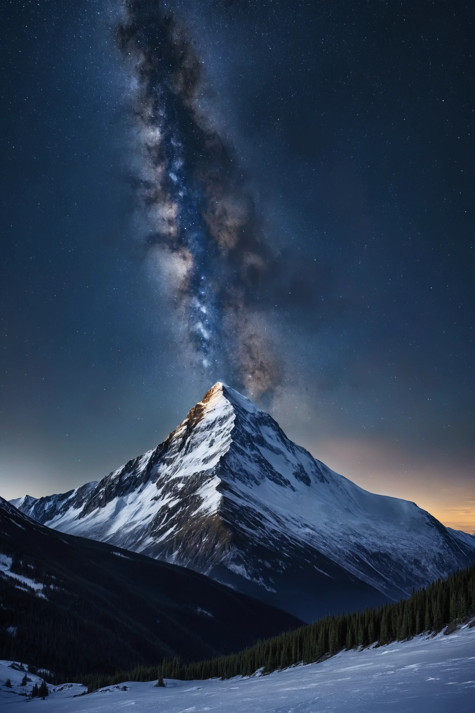A snowy mountain peak, impeccably captured under a starry, high-quality night sky.

