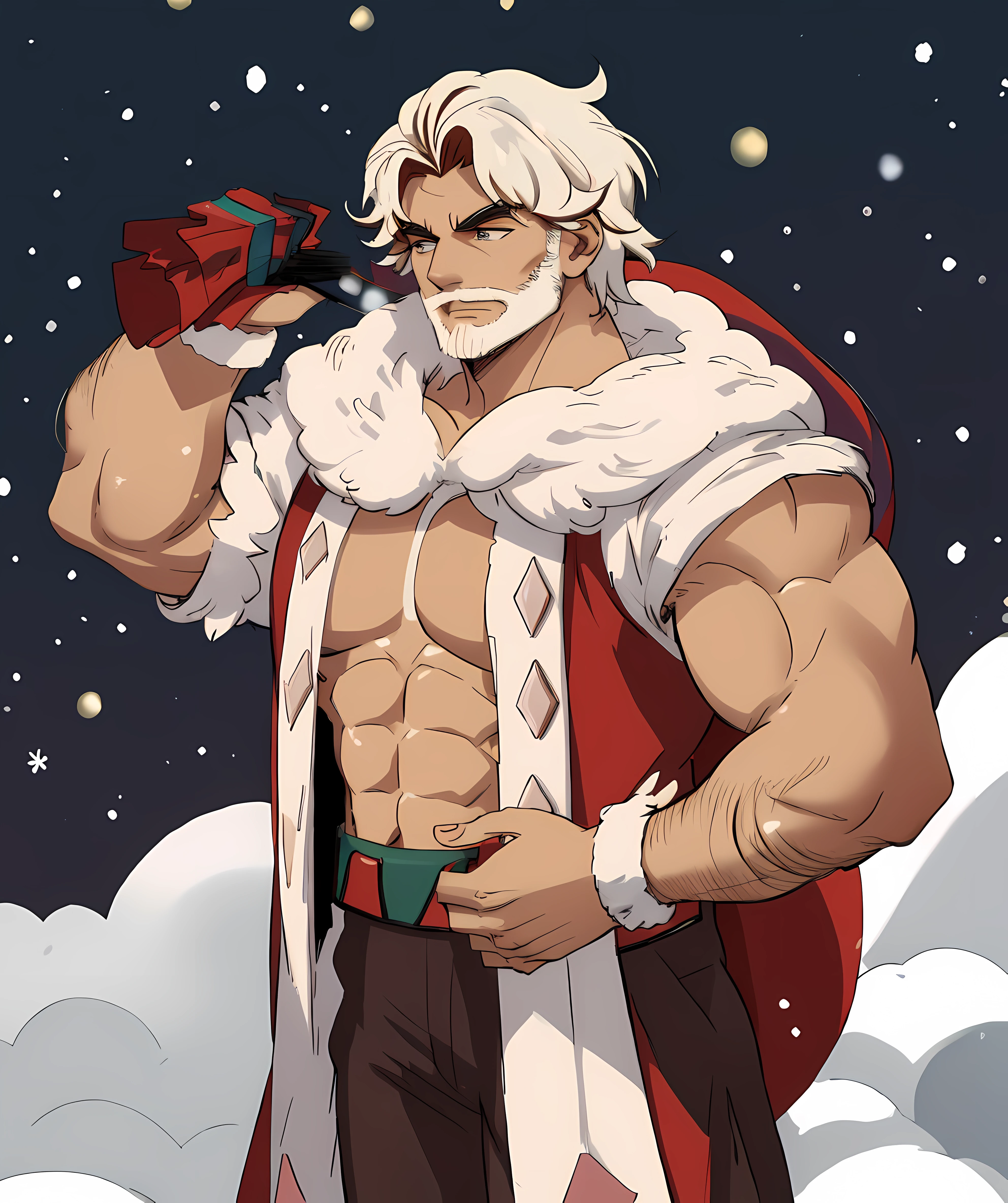 eggnog_cookie, muscular, muscular male, standing, santa costume, snow, town, christmas <lora:Eggnog_Cookie:0.85>