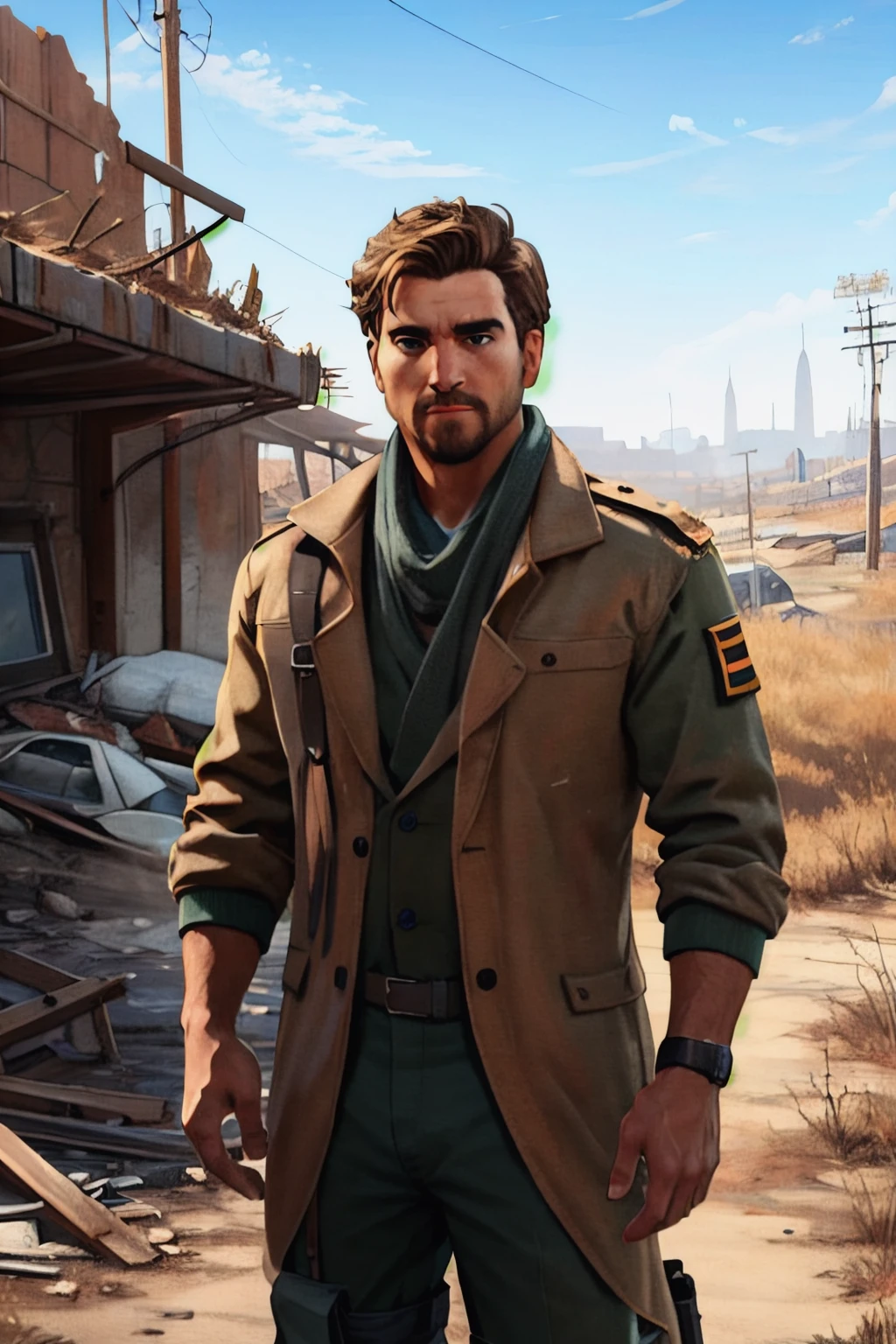 Robert MacCready,  blue eyes,  light brown hair,  facial hair,  tan duster coat,  ammo pouches,  long-sleeved,  white undershirt,  military green scarf,  military green pants,  fit body,  handsome,  charming,  alluring,  dashing,  intense gaze,  (standing),  (upper body in frame),  ruined overhead interstate,  Fallout 4 location,  post-apocalyptic ruins,  desolated landscape,  dark blue sky,  polarising filter,  perfect light,  only1 image,  perfect anatomy,  perfect proportions,  perfect perspective,  8k,  HQ,  (best quality:1.5,  hyperrealistic:1.5,  photorealistic:1.4,  madly detailed CG unity 8k wallpaper:1.5,  masterpiece:1.3,  madly detailed photo:1.2),  (hyper-realistic lifelike texture:1.4,  realistic eyes:1.2),  picture-perfect face,  perfect eye pupil,  detailed eyes,  realistic,  HD,  UHD,  (front view:1.2),  portrait,  looking outside frame, best quality,<lora:EMS-498-EMS:0.200000>,<lora:EMS-263369-EMS:0.500000>