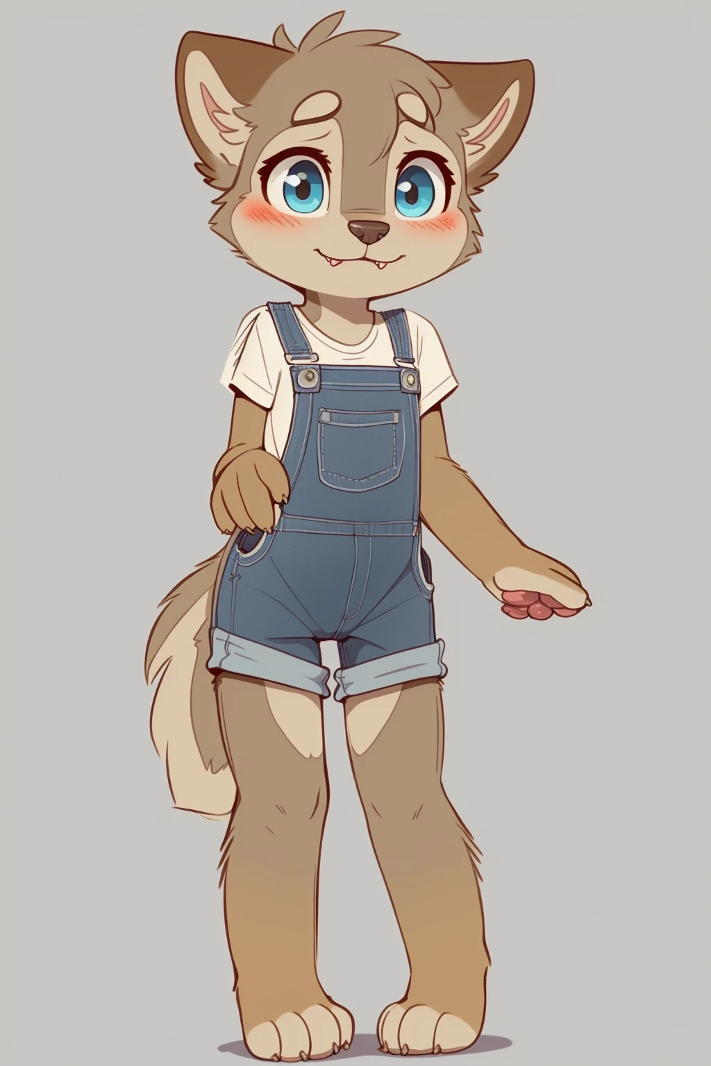 anthro, blue eyes, blush, clothed, clothing, female, female cub, cute_fangs, flat chested, fur, grey background, knock-kneed, looking at viewer, overalls, paws, shortalls, solo, standing, tan body, tan fur, young, young anthro, young female, front view, by newski, husky <lora:Skidoo(oldski_newski)_coconut2:0.5>