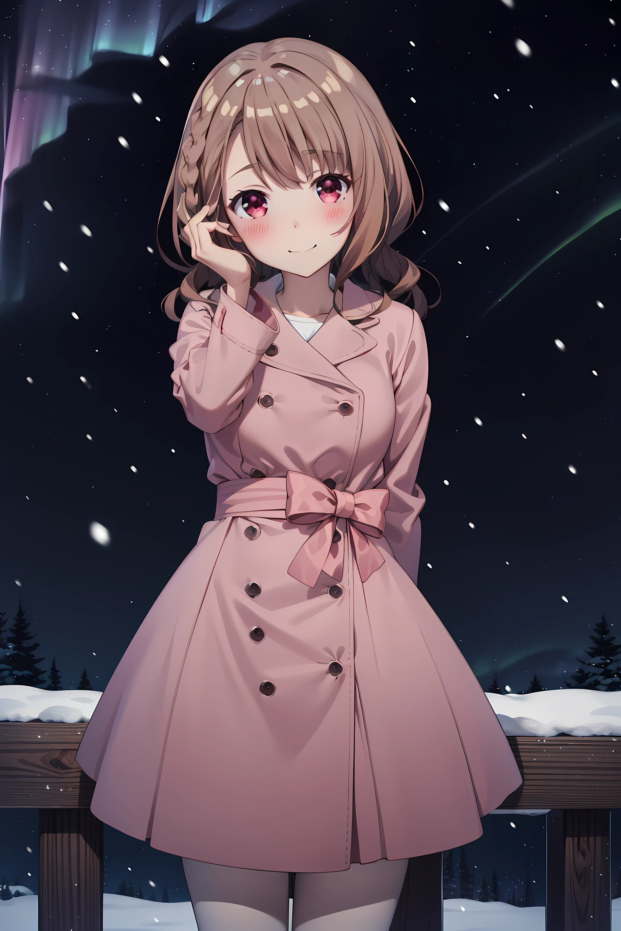 best quality, masterpiece, detailed,
<lora:ImoutoSaeIrebaIi_ShirakawaMiyako:0.8>, ShirakawaMiyako,
solo, closed mouth, light smile, blush,
brown hair, red eyes, wavy hair, braid, hair bow,
MiyakoCoat, pink coat, trench coat,
standing, looking at viewer, head tilt,
outdoors, snow, snowing, aurora borealis, night, starry sky, <lora:style_night:0.3>
